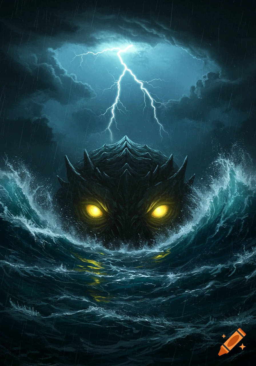 A dark, monstrous sea creature with glowing yellow eyes emerges from a stormy ocean under a lightning-filled, rainy sky. Digital illustration.