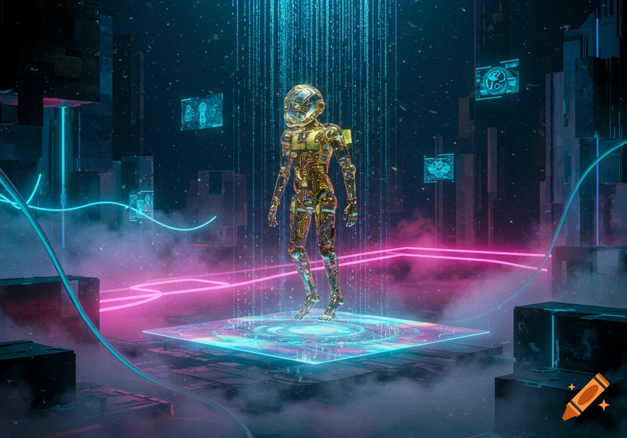A golden translucent robot stands on a glowing platform in a dark, futuristic cyberpunk city with neon lights and falling binary code.