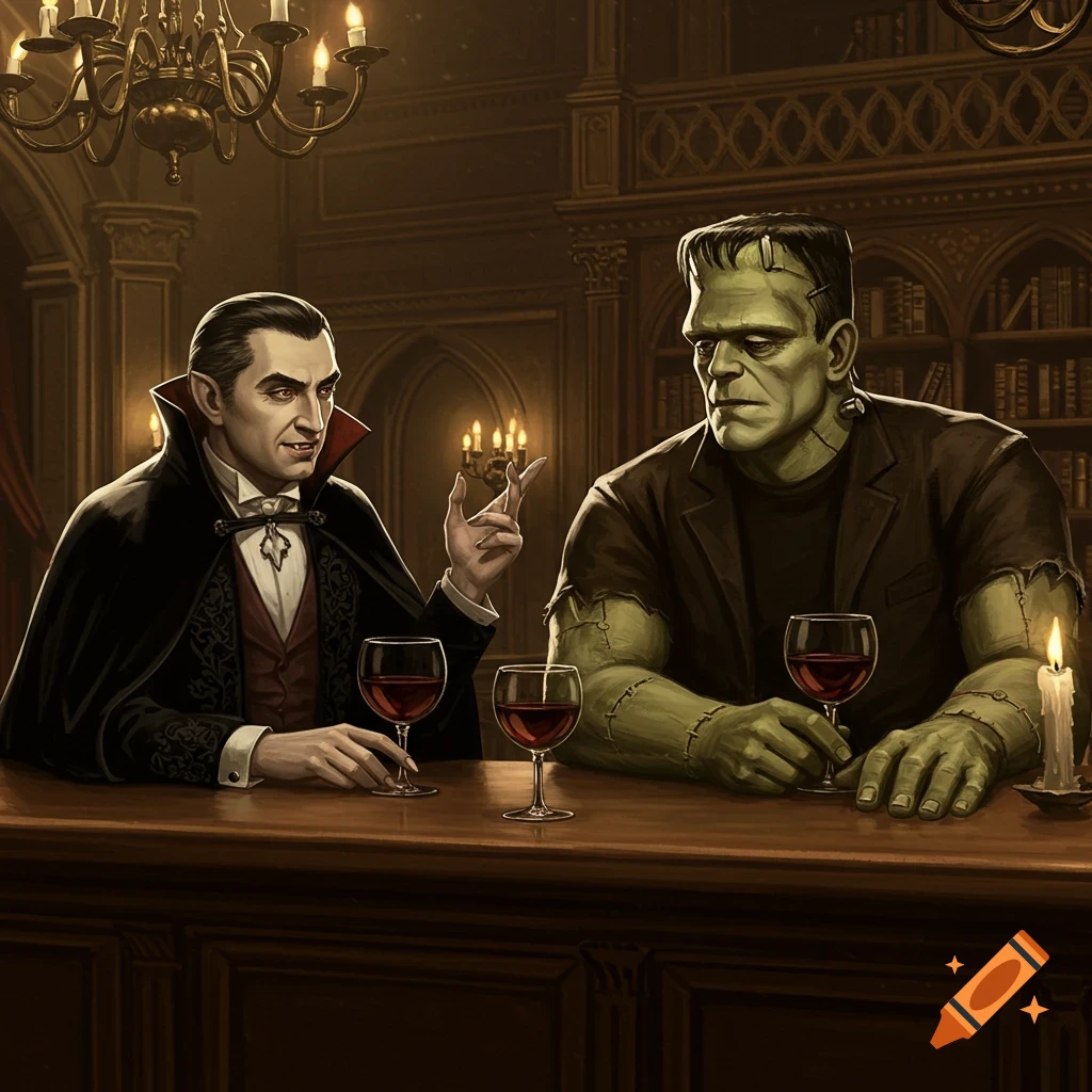 Illustrated depiction of Dracula and Frankenstein's monster sitting at a gothic bar, drinking wine.