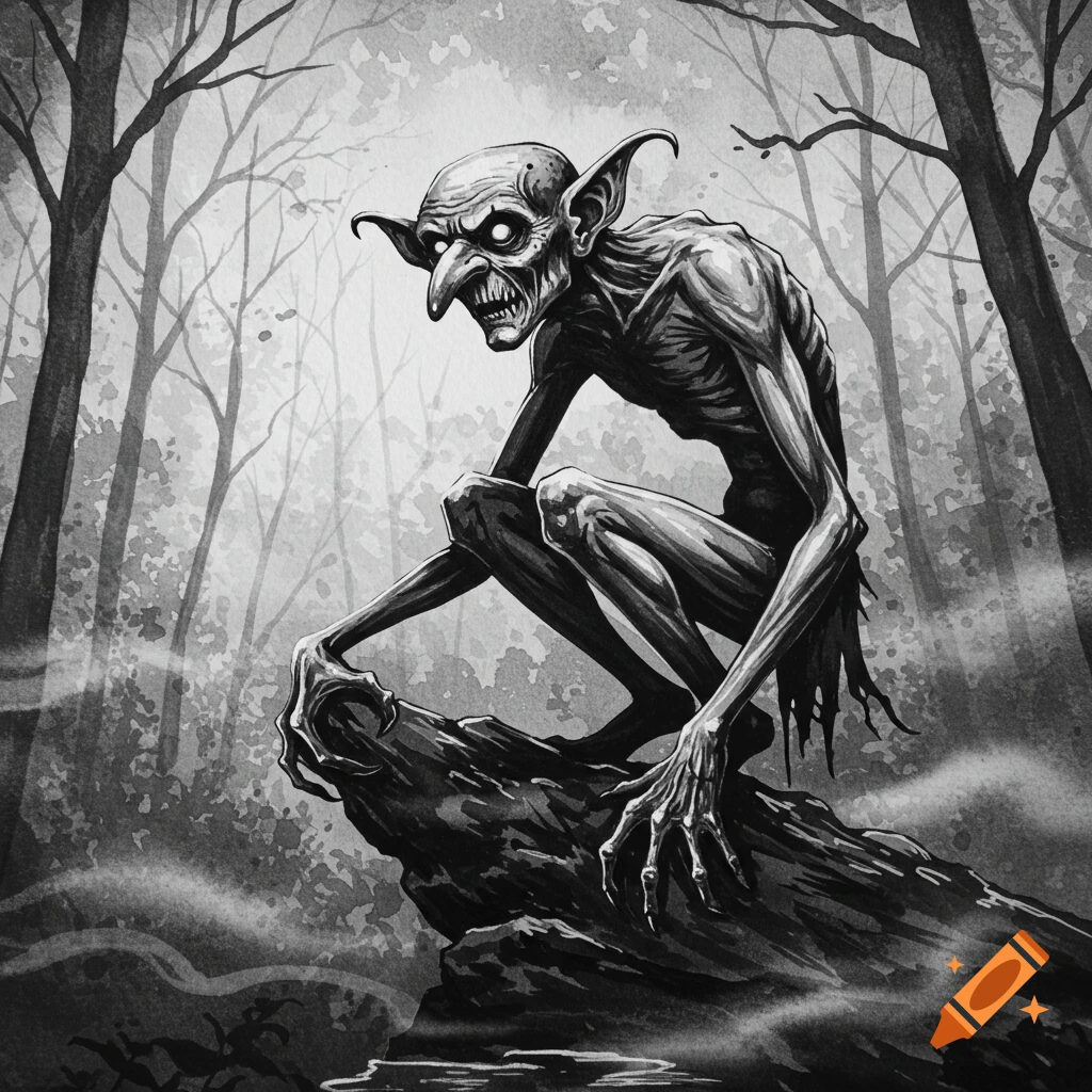 A black and white watercolor illustration of a gaunt, menacing goblin squatting on a log in a misty forest.