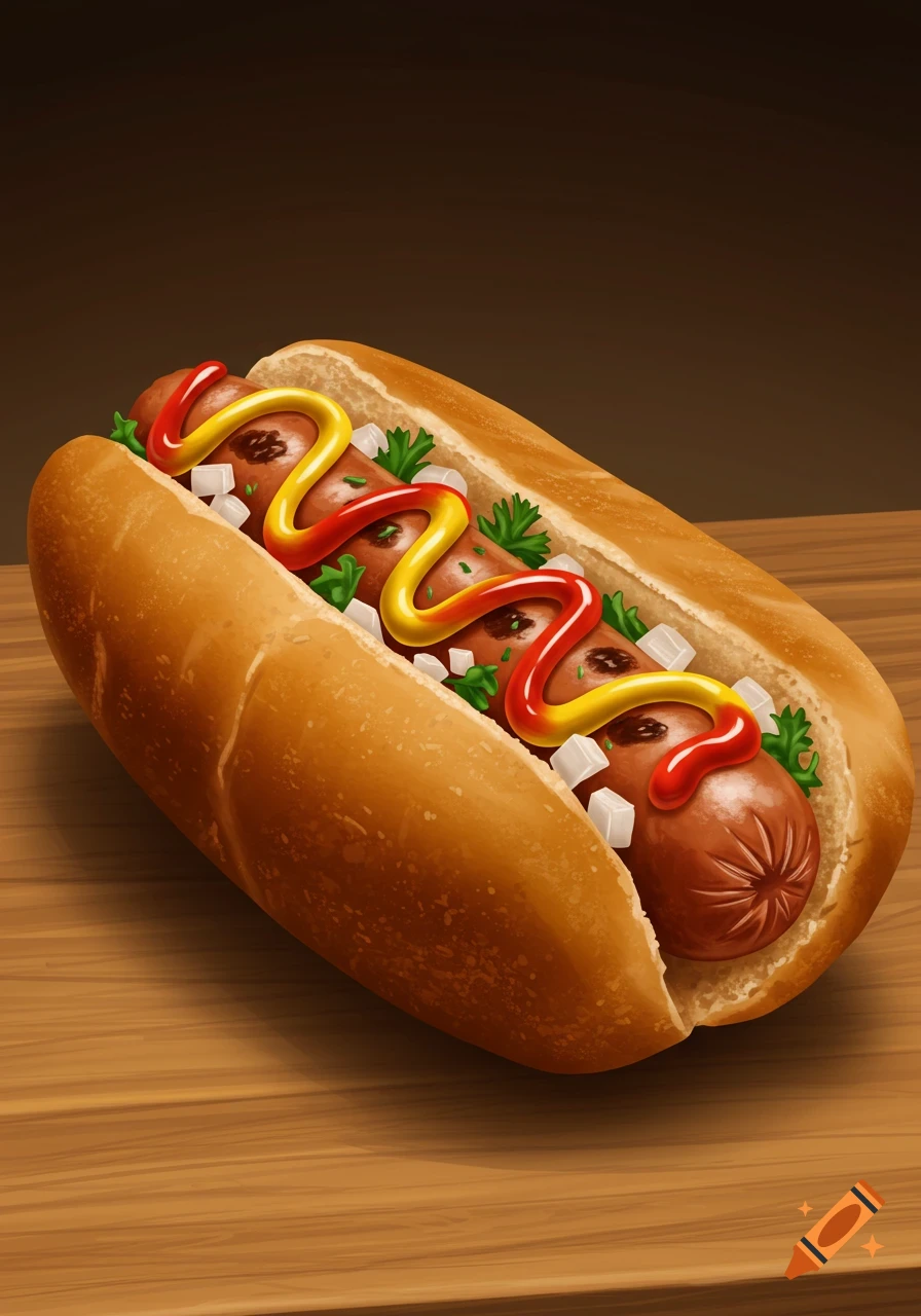 A stylized drawing of a hotdog with mustard, ketchup, diced onions, and green relish in a bun, resting on a wooden surface.