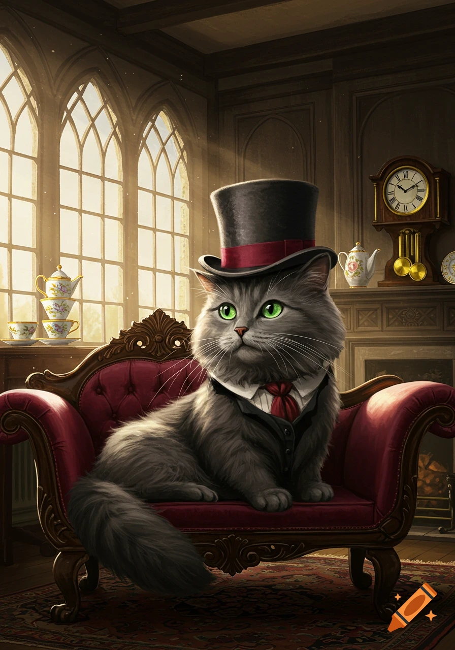 A fluffy gray cat with green eyes wears a top hat and suit, sitting regally on a red velvet armchair in an opulent room.