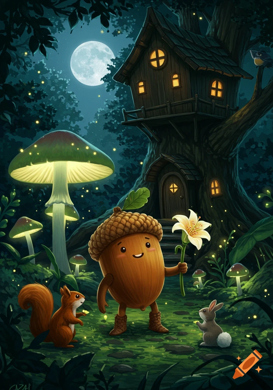 A cute acorn man with a flower, a squirrel, and a rabbit in a magical forest at night with glowing mushrooms and a treehouse.