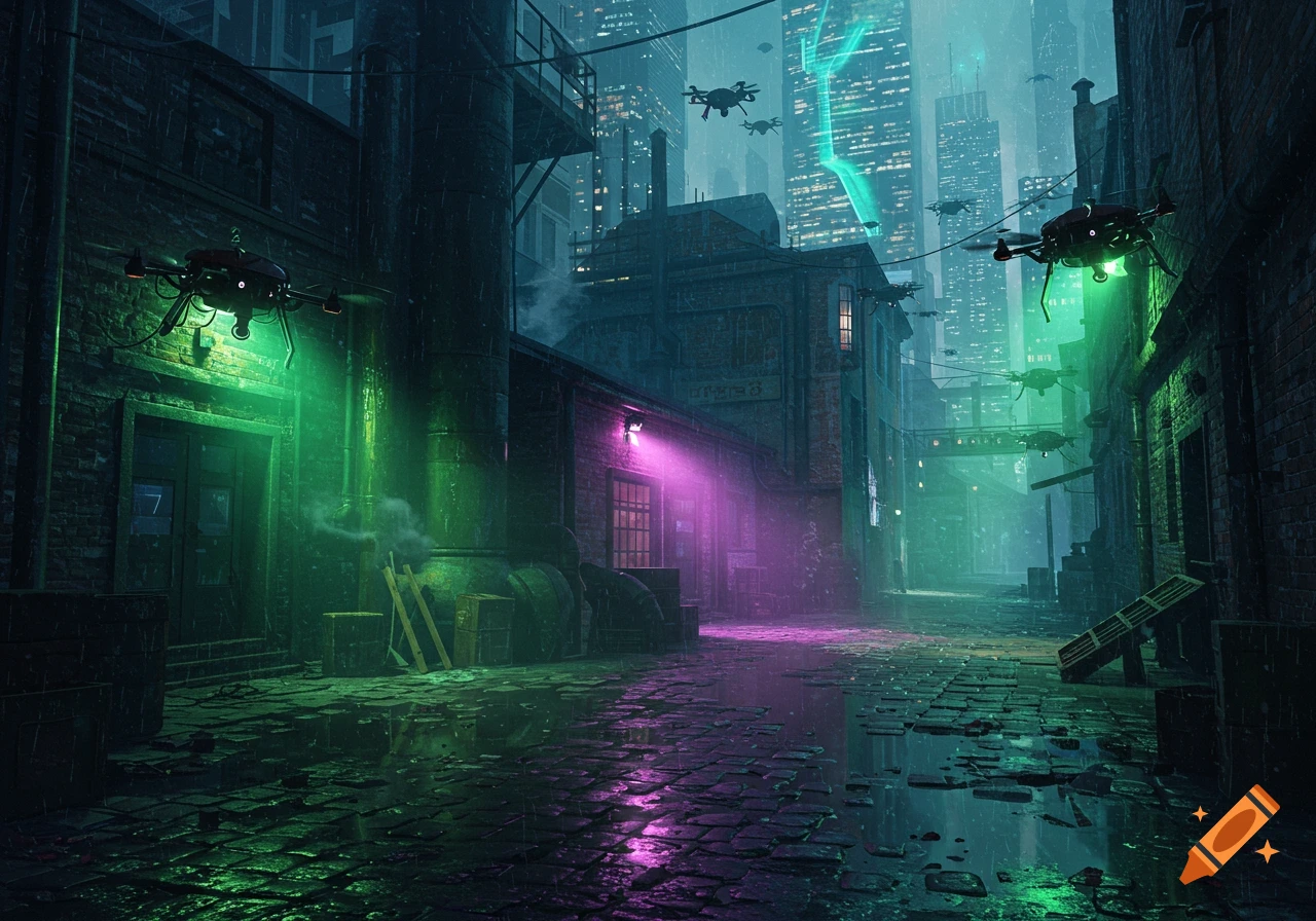 A dark, rainy cyberpunk alley with neon green and purple lights, wet cobblestones, and futuristic surveillance drones flying over towering city buildings.