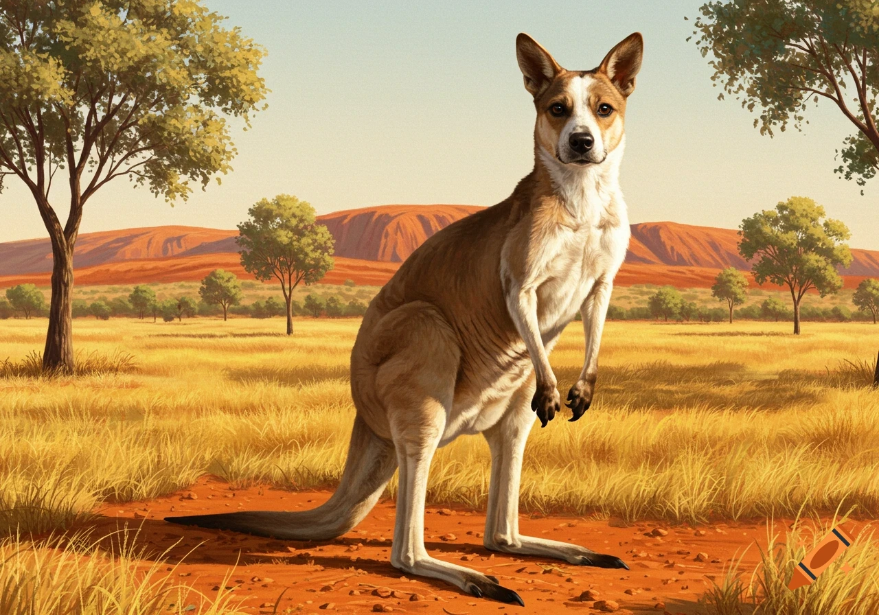 A hybrid creature with a kangaroo body and a dog's head stands in a sun-drenched Australian savanna landscape.