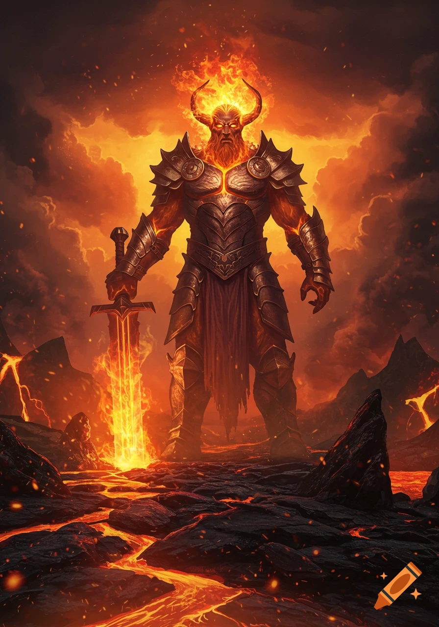An epic fantasy illustration of the fire giant Surtr, armored, holding a flaming sword in a fiery volcanic landscape.