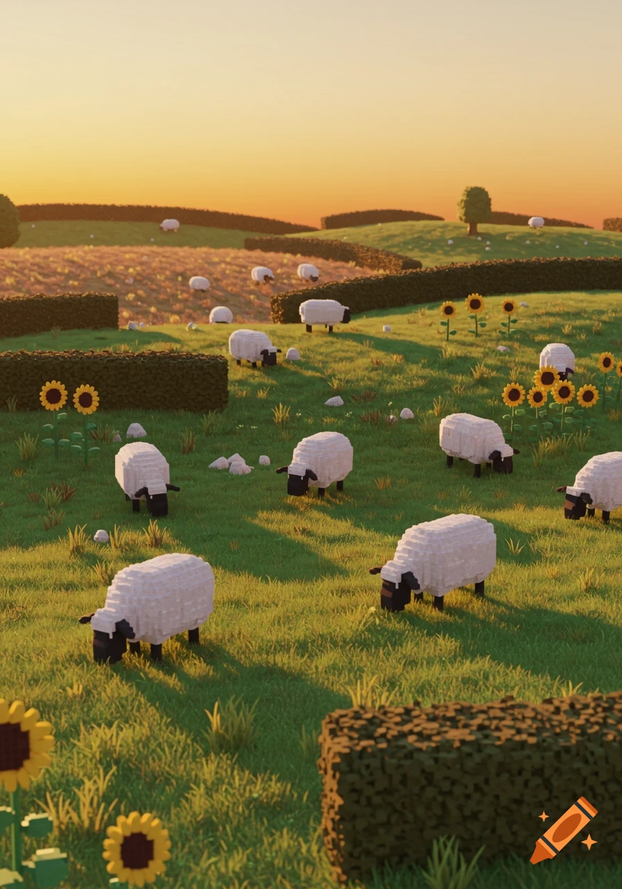 Voxel art landscape with blocky sheep grazing on green hills with hedges and sunflowers at sunset.