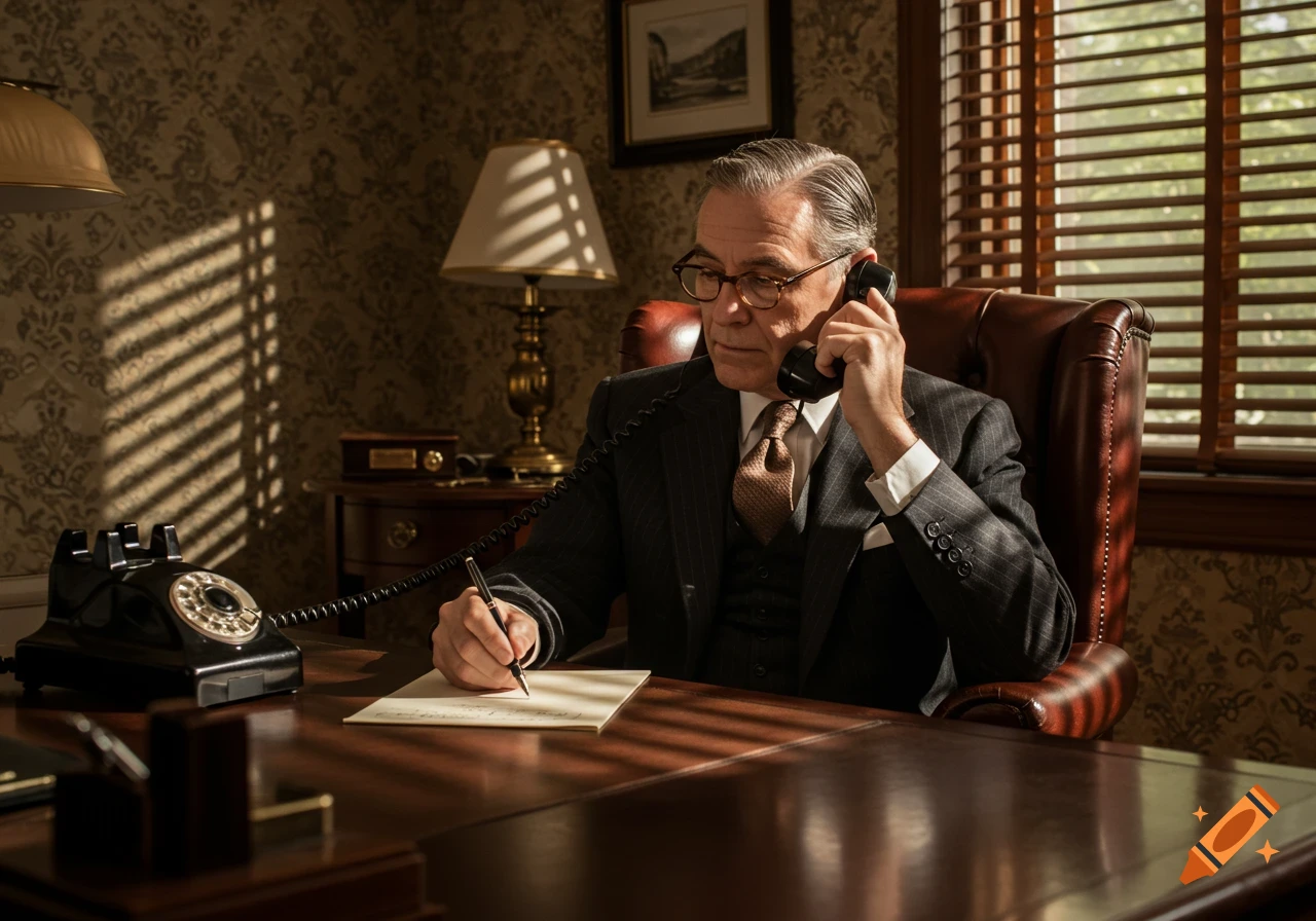 A man in a pinstripe suit talks on a rotary phone while writing at a large wooden desk in a vintage office.