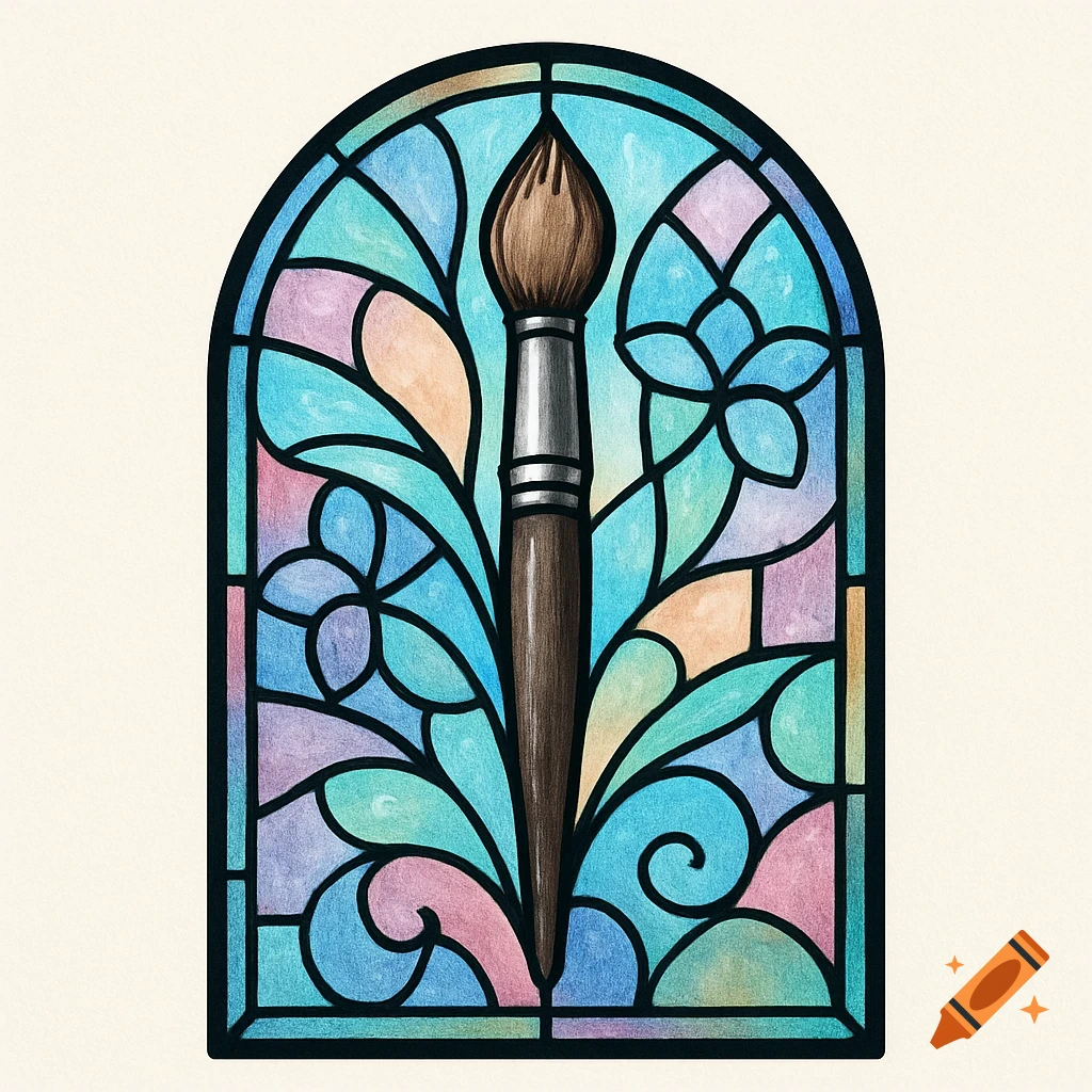 An arched stained glass window with a paint brush at its center, featuring blue, green, purple, and orange abstract patterns.