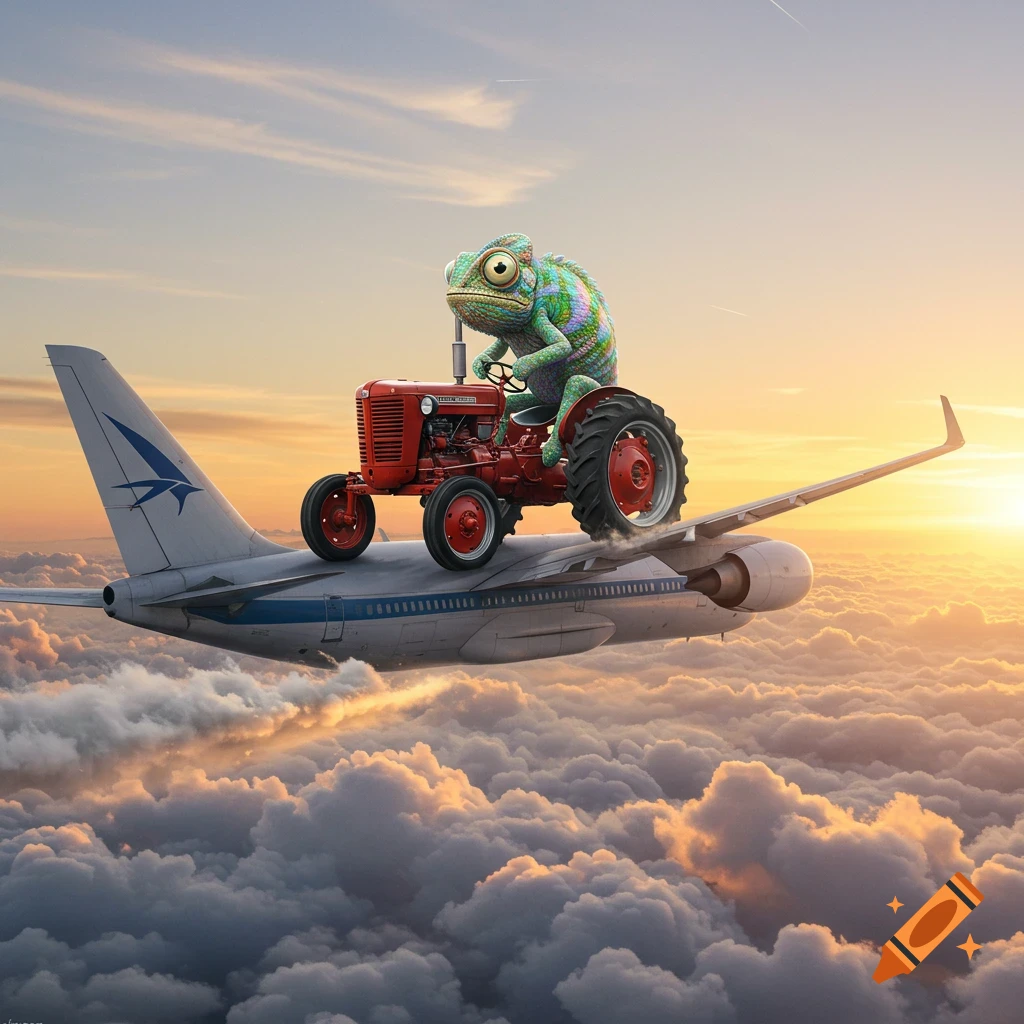 A colorful chameleon rides a red tractor on an airplane wing, soaring above golden clouds at sunset in a photorealistic style.