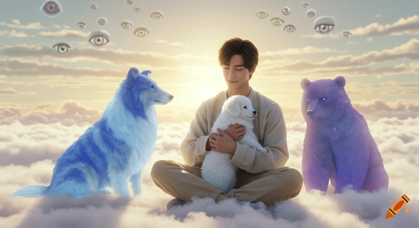 A serene man sits on clouds, holding a white puppy, flanked by a blue collie and purple bear, with surreal floating eyes in a golden sky, fantasy art.