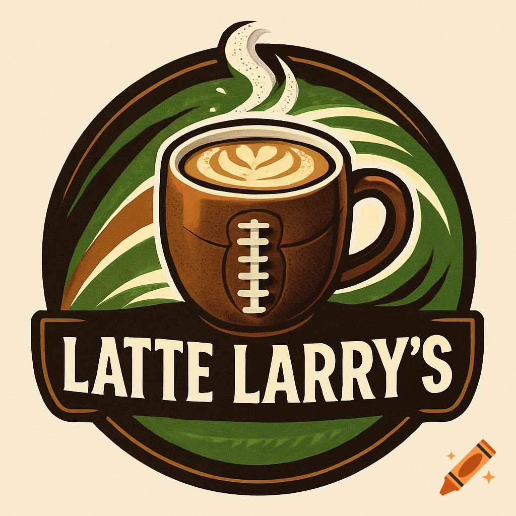 Digital art logo for Latte Larry's, featuring a coffee mug designed like a football with steam and latte art.