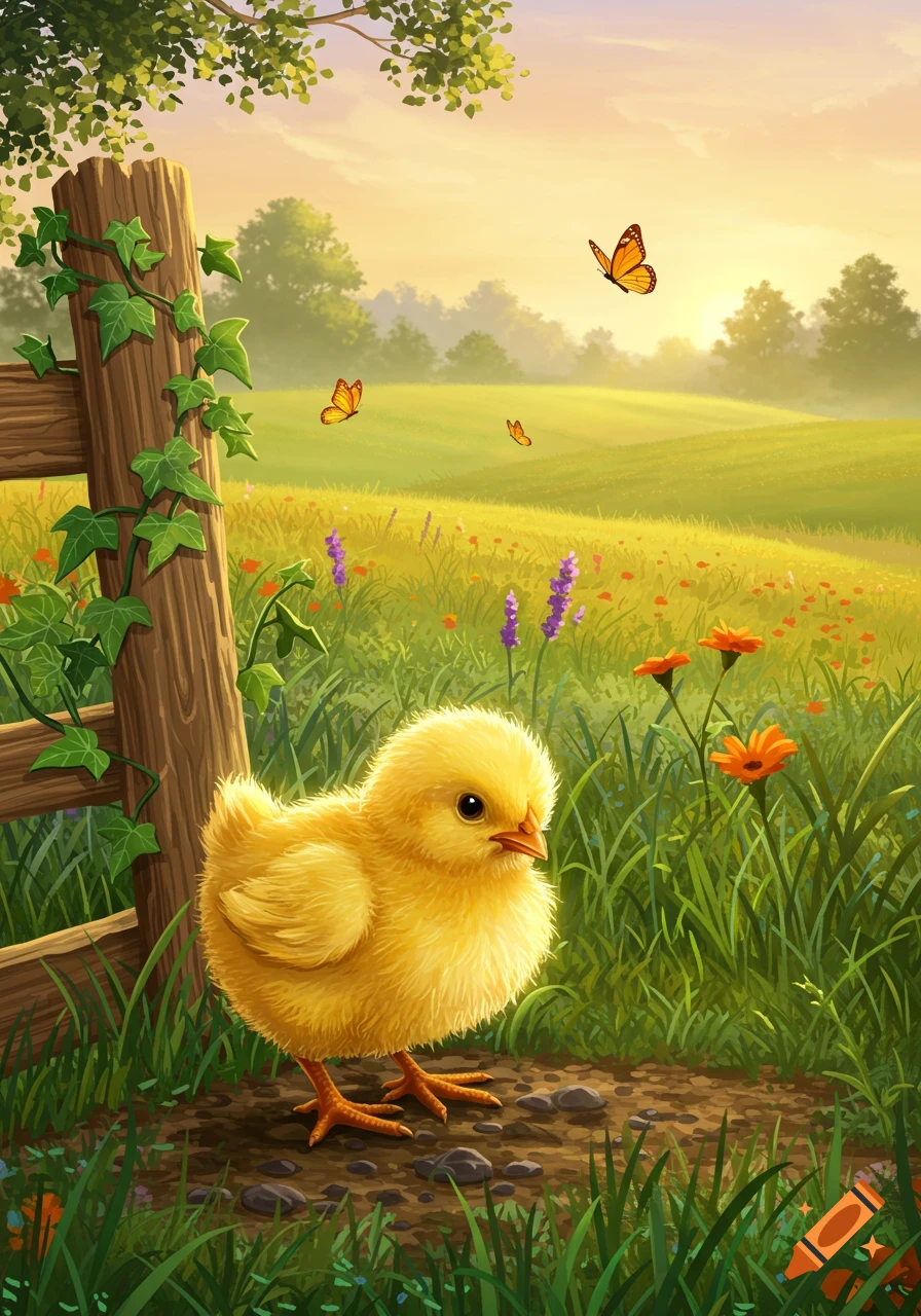 A fluffy yellow chick stands by a wooden fence in a sunny, green meadow with flowers and butterflies in an illustrated style.