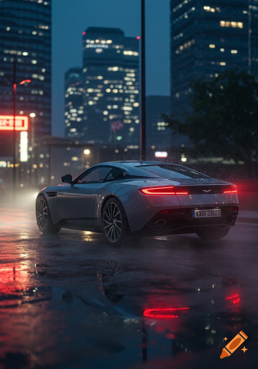 A silver Aston Martin drives on a wet city street at night, its tail lights glowing red and reflecting in the puddles, with blurred skyscrapers in the background.