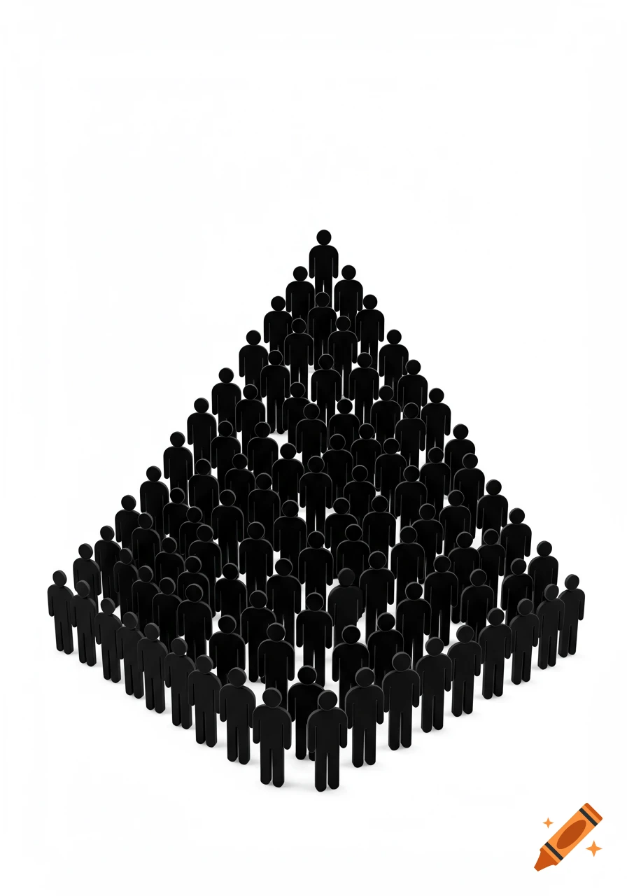 Black human figure pictograms arranged in a pyramid shape on a white background, in a minimalist style.