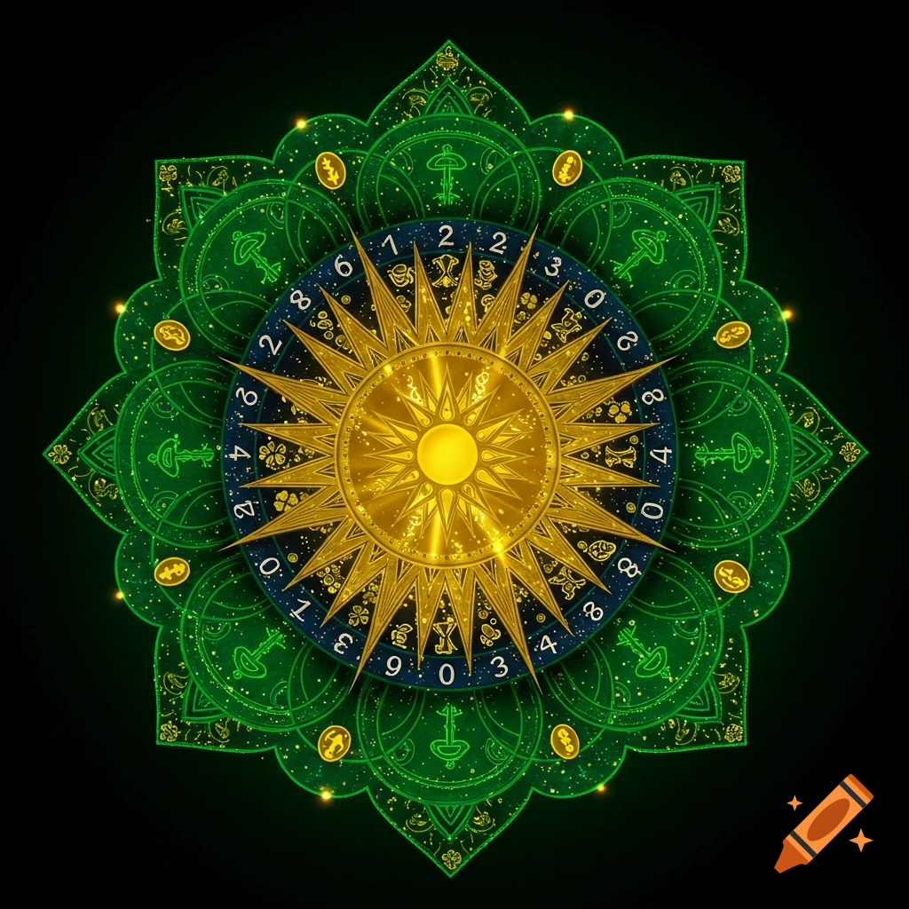 A vibrant green and gold mandala with a central shining sun, surrounded by a blue ring with numbers and symbols, set against a dark background.