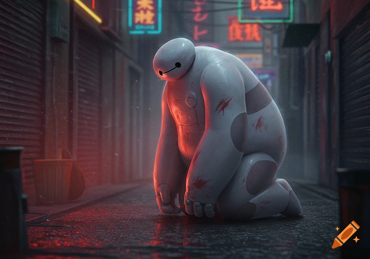 Baymax kneels in a dark, neon-lit alleyway, appearing sad and with red scratches on his white body. The ground is wet, reflecting the red and blue neon light.