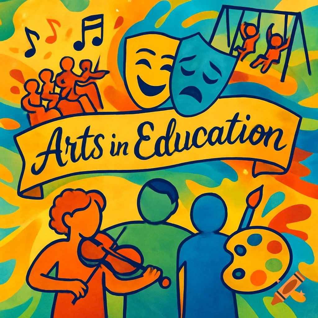 Colorful illustration for 'Arts in Education' featuring musical notes, theatre masks, painting, violin, and children playing.