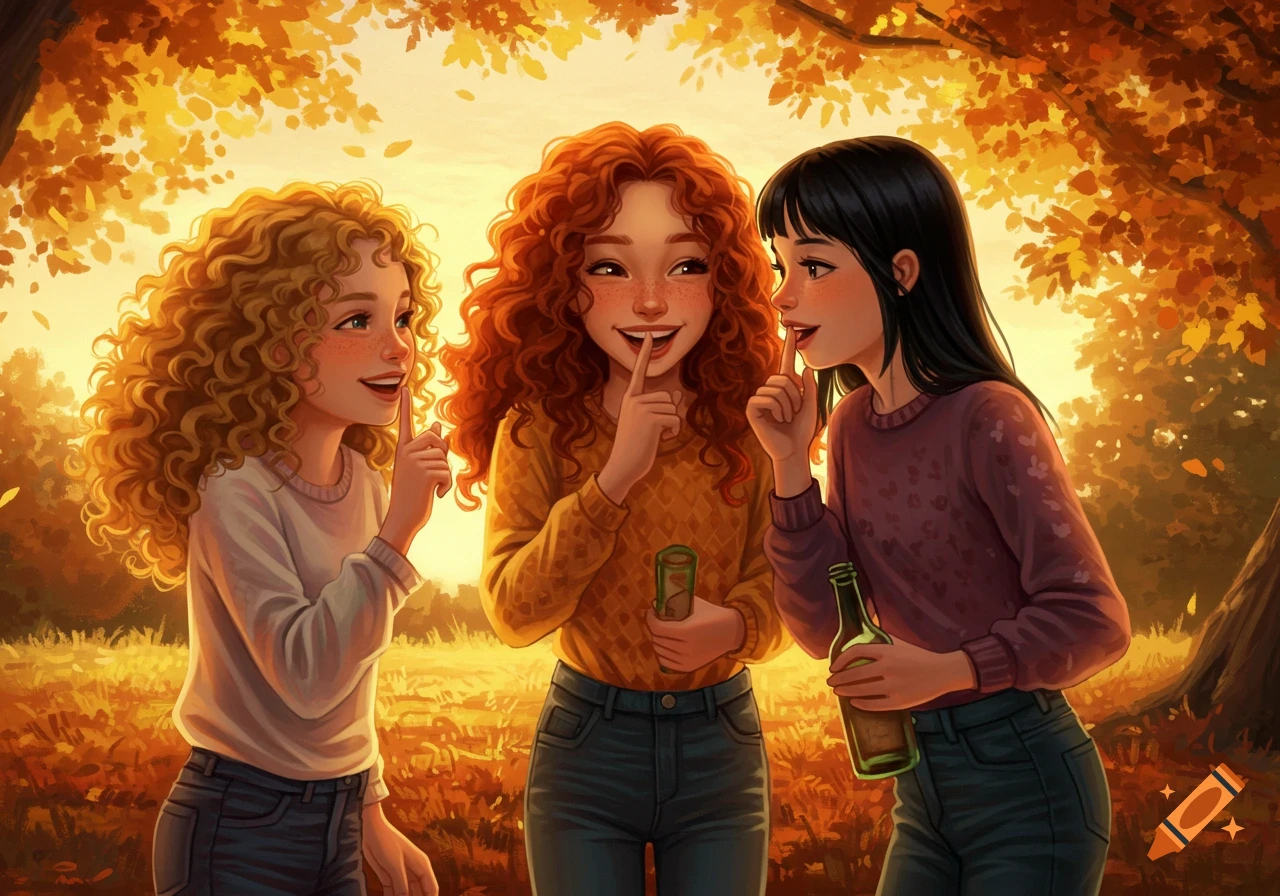 Stylized illustration of three young women with diverse hair colors making a 'shhh' gesture, holding bottles, in a sunny autumn park.