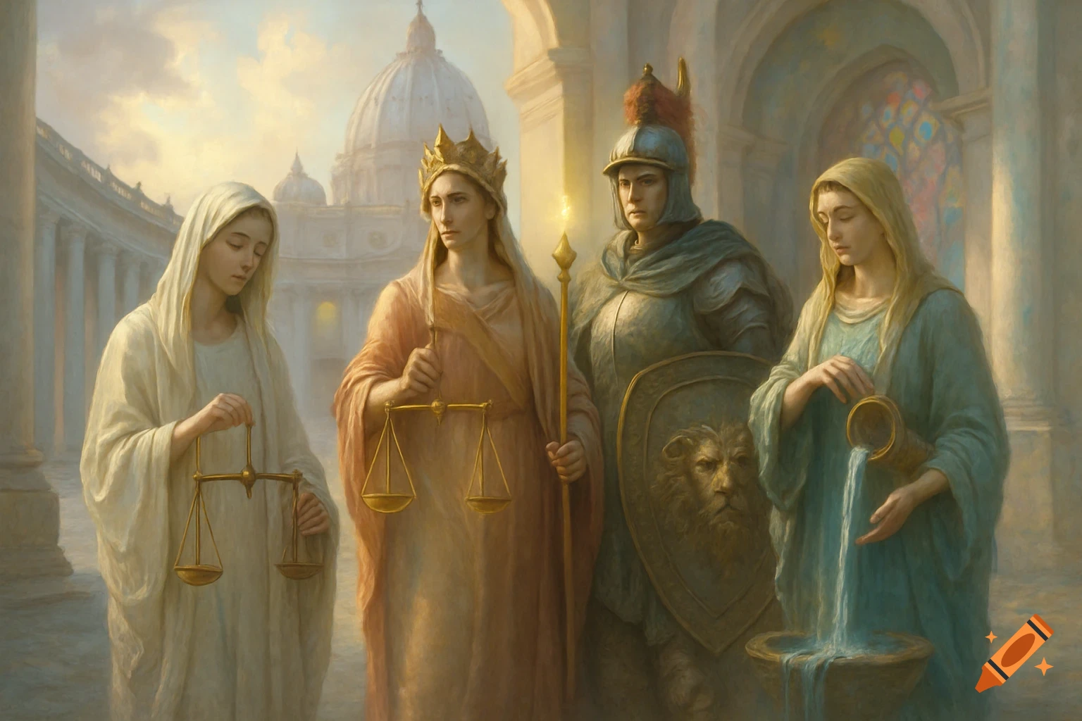 Four allegorical figures representing virtues stand before grand classical architecture in a painterly style.