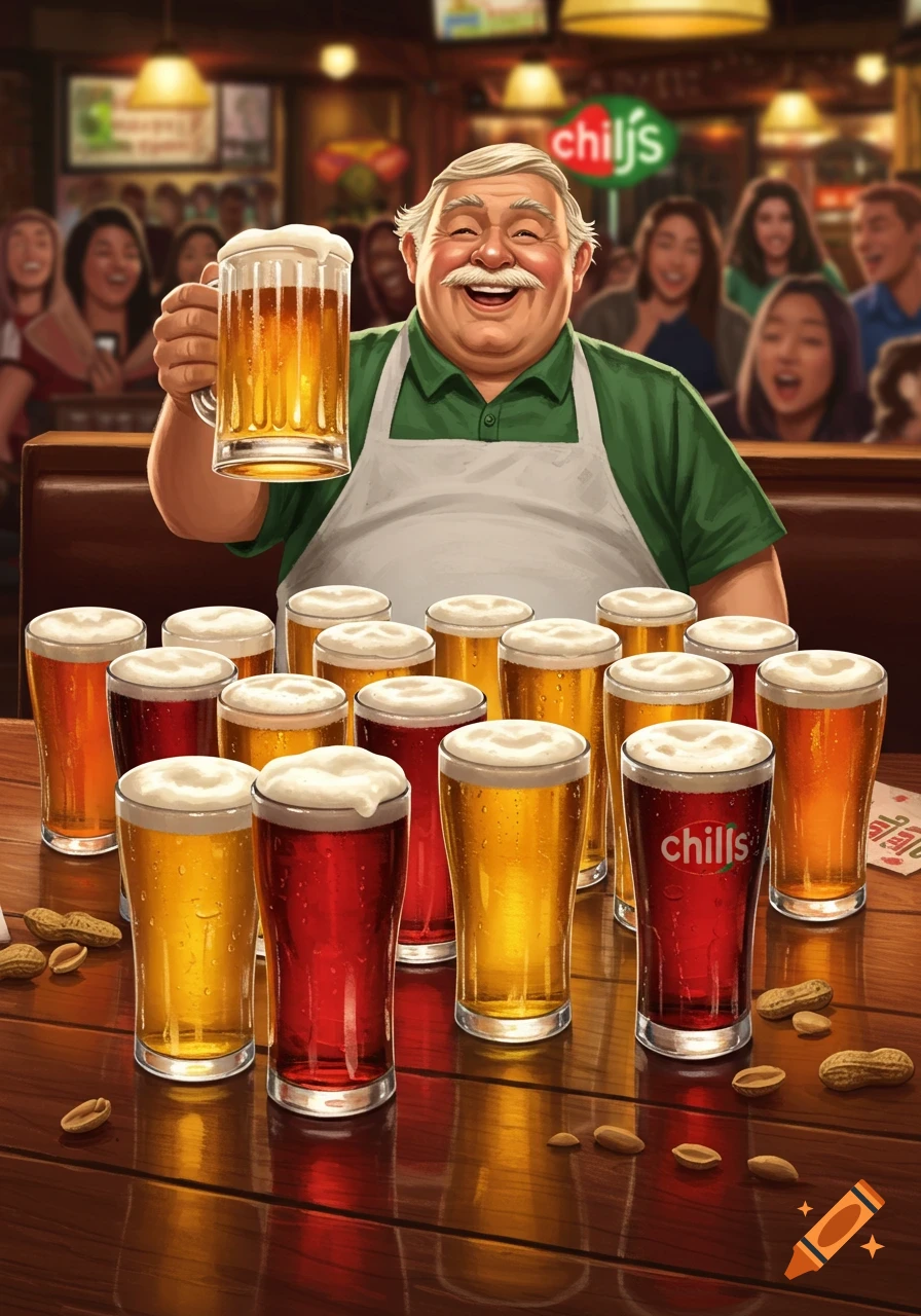 A smiling man in an apron holds a large beer mug, surrounded by many beers on a wooden table in a busy bar, in an illustrative style.