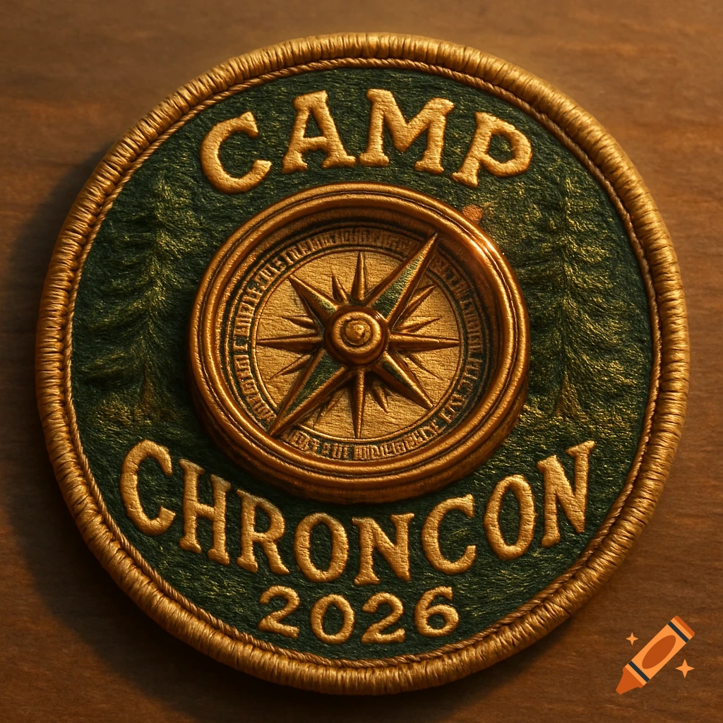 An embroidered green and gold badge with 'CAMP CHRONCON 2026' and a compass on a wooden surface.