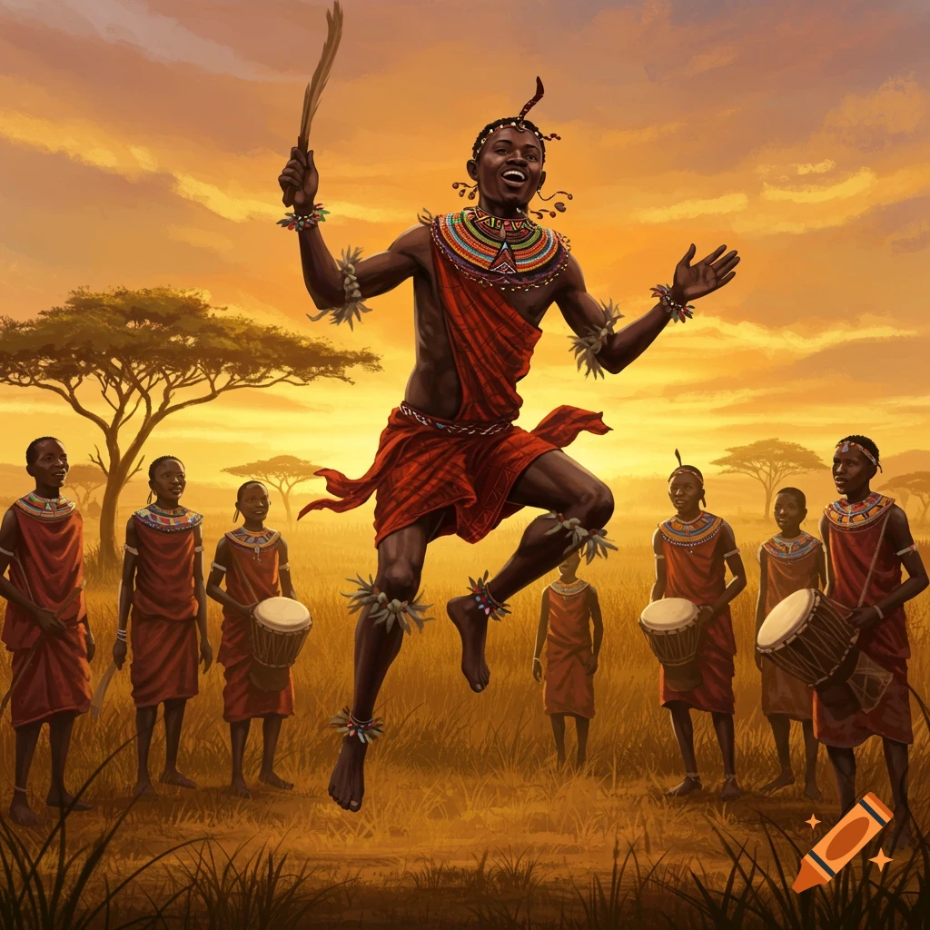 African men in traditional red and beaded attire dance and drum in a golden savanna at sunset, with a lead dancer leaping.