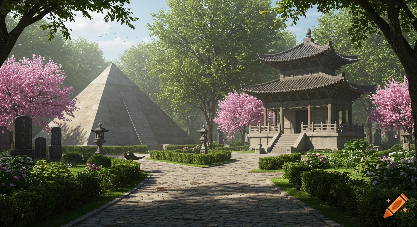Photorealistic image of a serene memorial park with a large stone pyramid, an Asian temple, cherry blossoms, and a paved path.