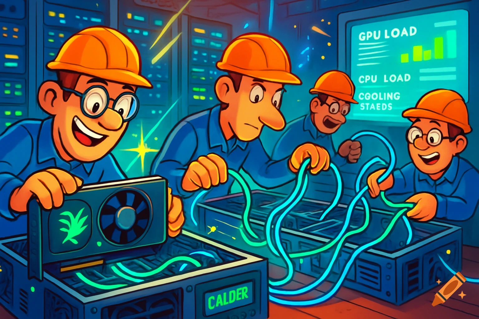 Vibrant cartoon of four engineers in hard hats installing large GPUs and connecting glowing neon cables in a high-tech server lab.