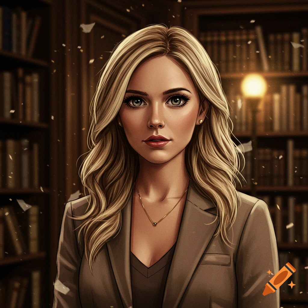 Anime-style portrait of a blonde woman in a brown blazer, standing in a library.