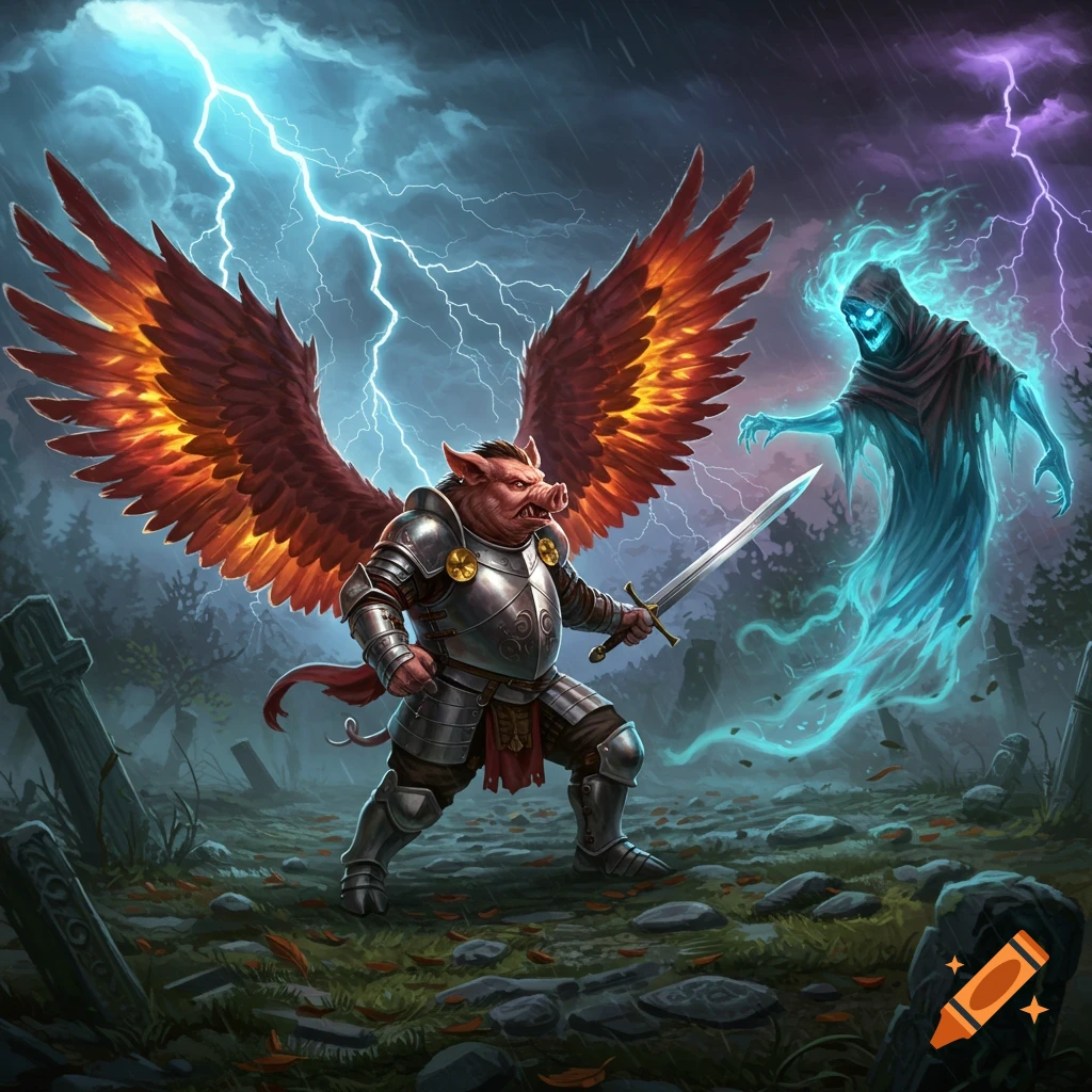 A winged pig-man in armor wielding a sword fights a glowing blue ghost in a stormy graveyard with lightning.