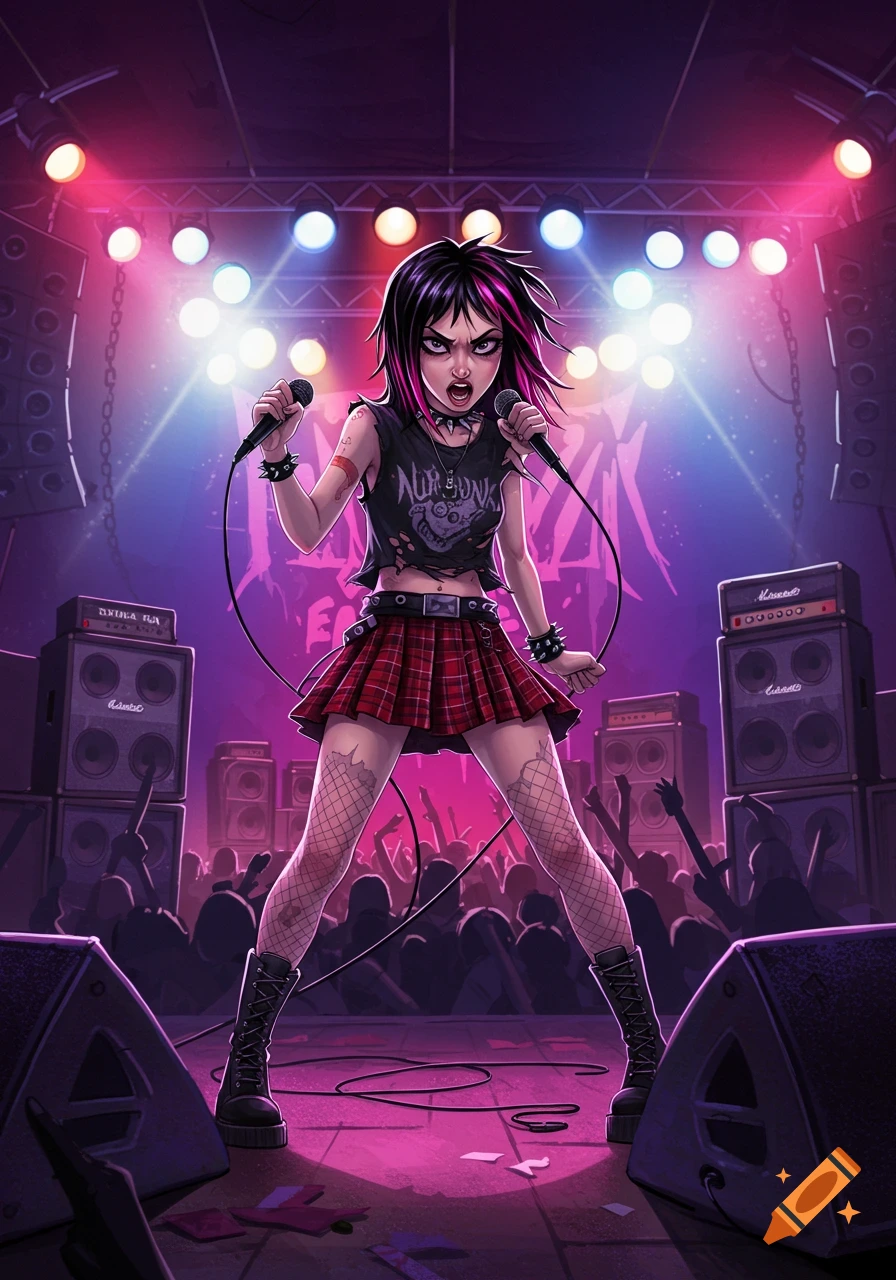 A fierce, cartoonish female pop punk singer with pink highlights sings into two mics on a brightly lit stage before a crowd.