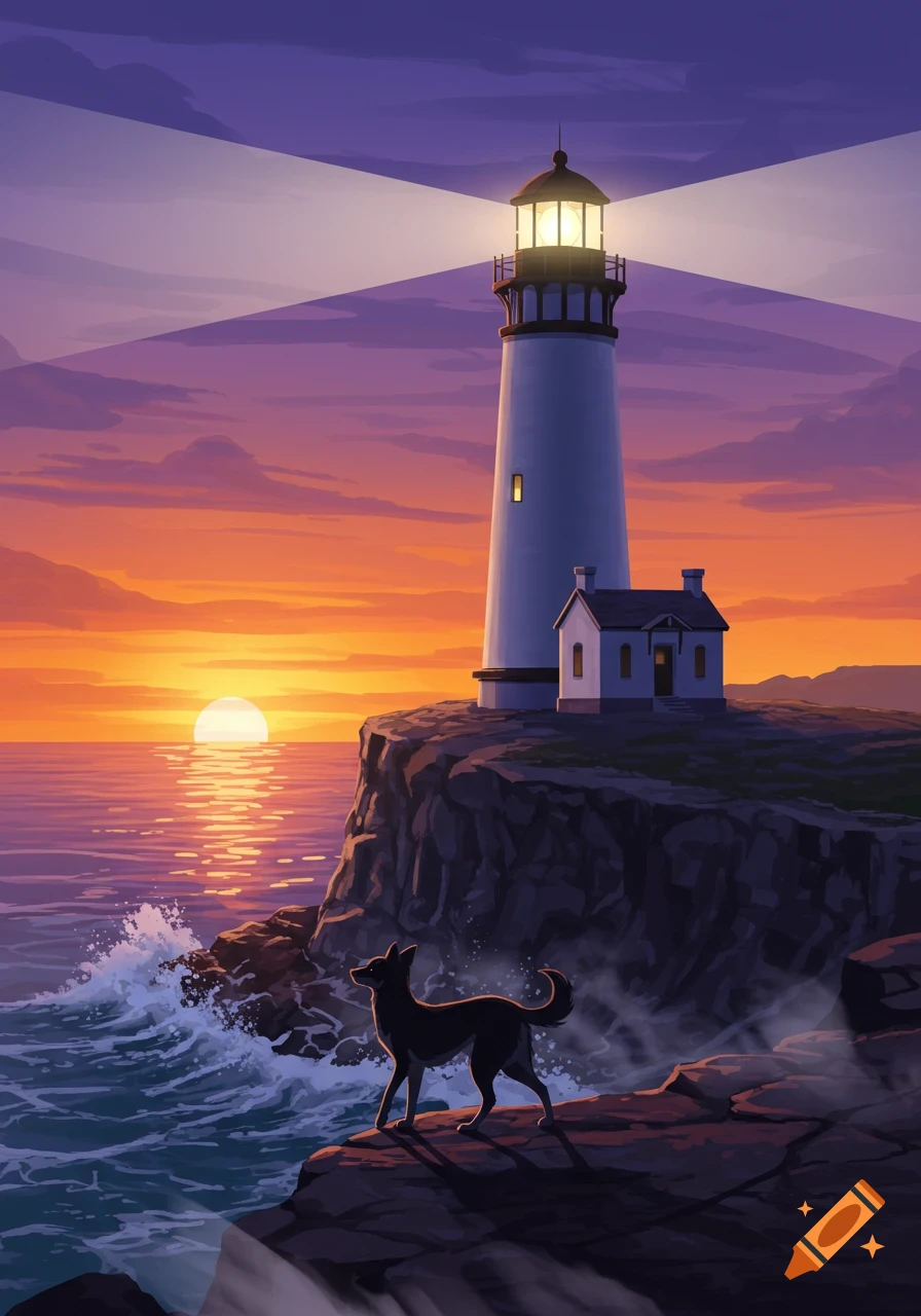 A stylized illustration of a black dog standing on ocean cliffs near a lighthouse, with waves crashing below at a vibrant sunset.