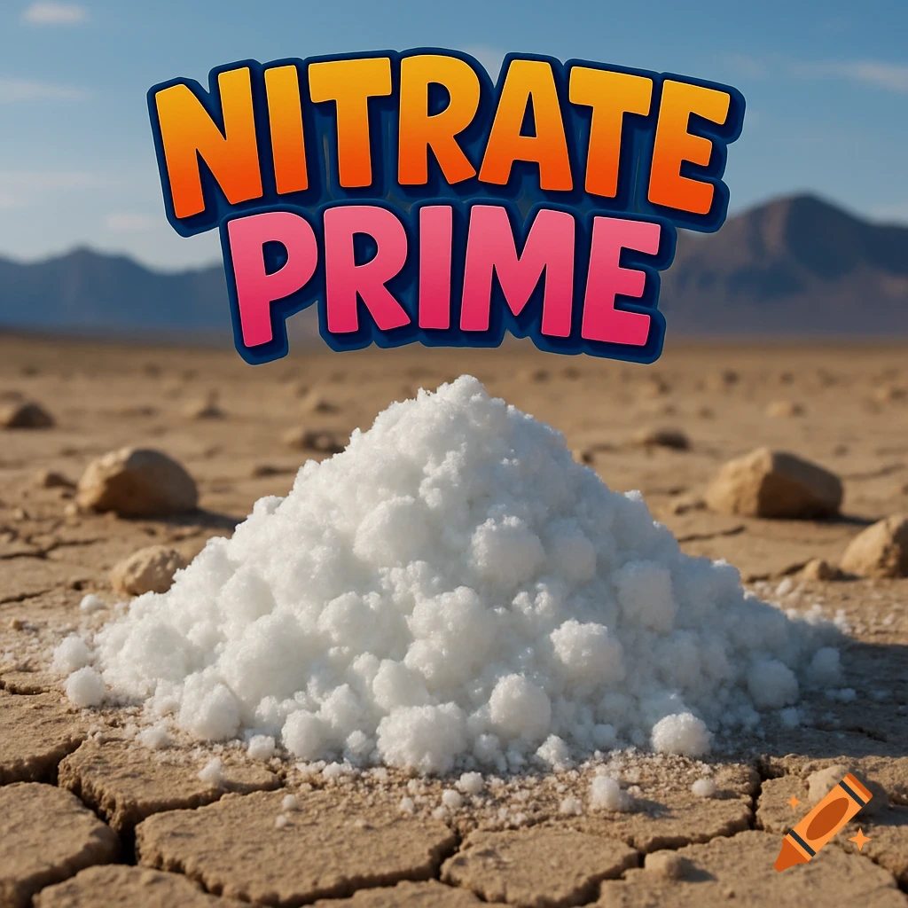 Photorealistic pile of white sodium nitrate crystals on cracked desert ground with mountains and 'NITRATE PRIME' cartoon text.