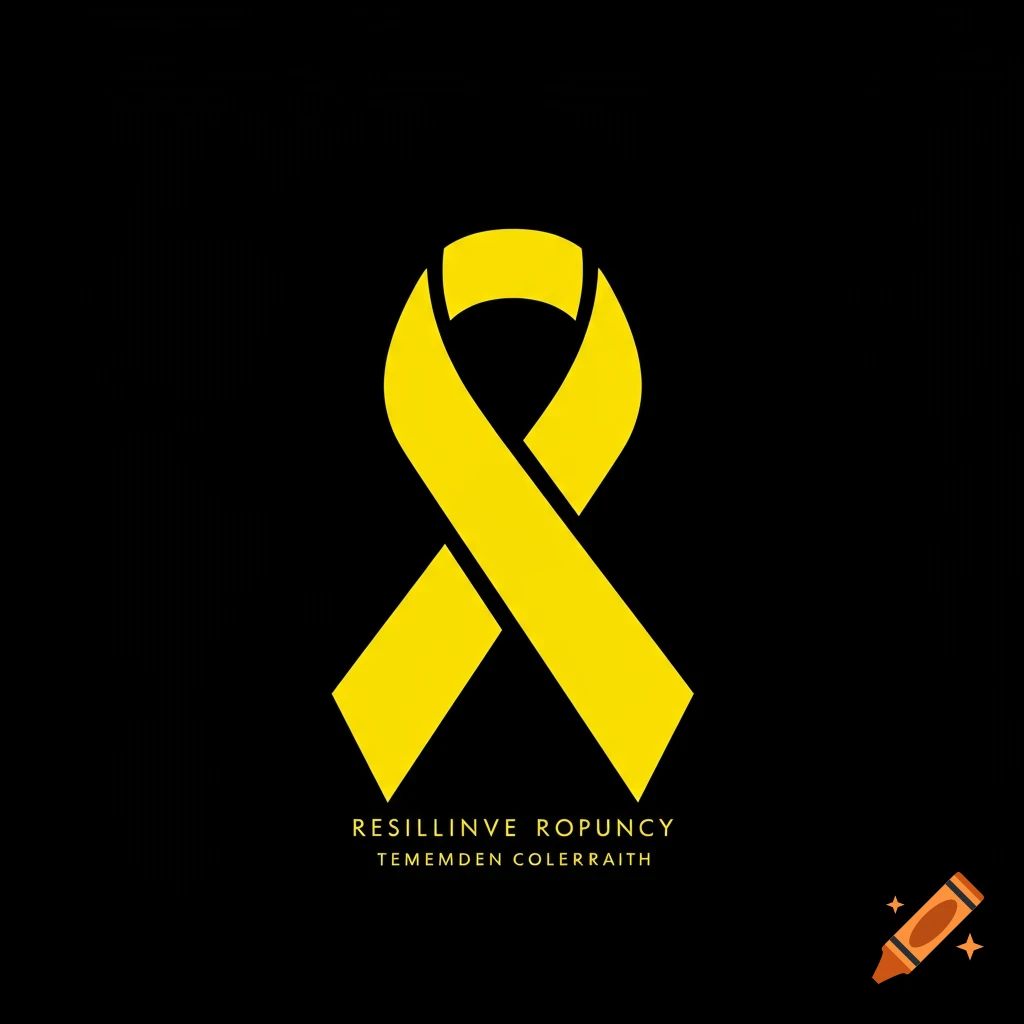 A yellow awareness ribbon on a solid black background, with two lines of illegible text below it.