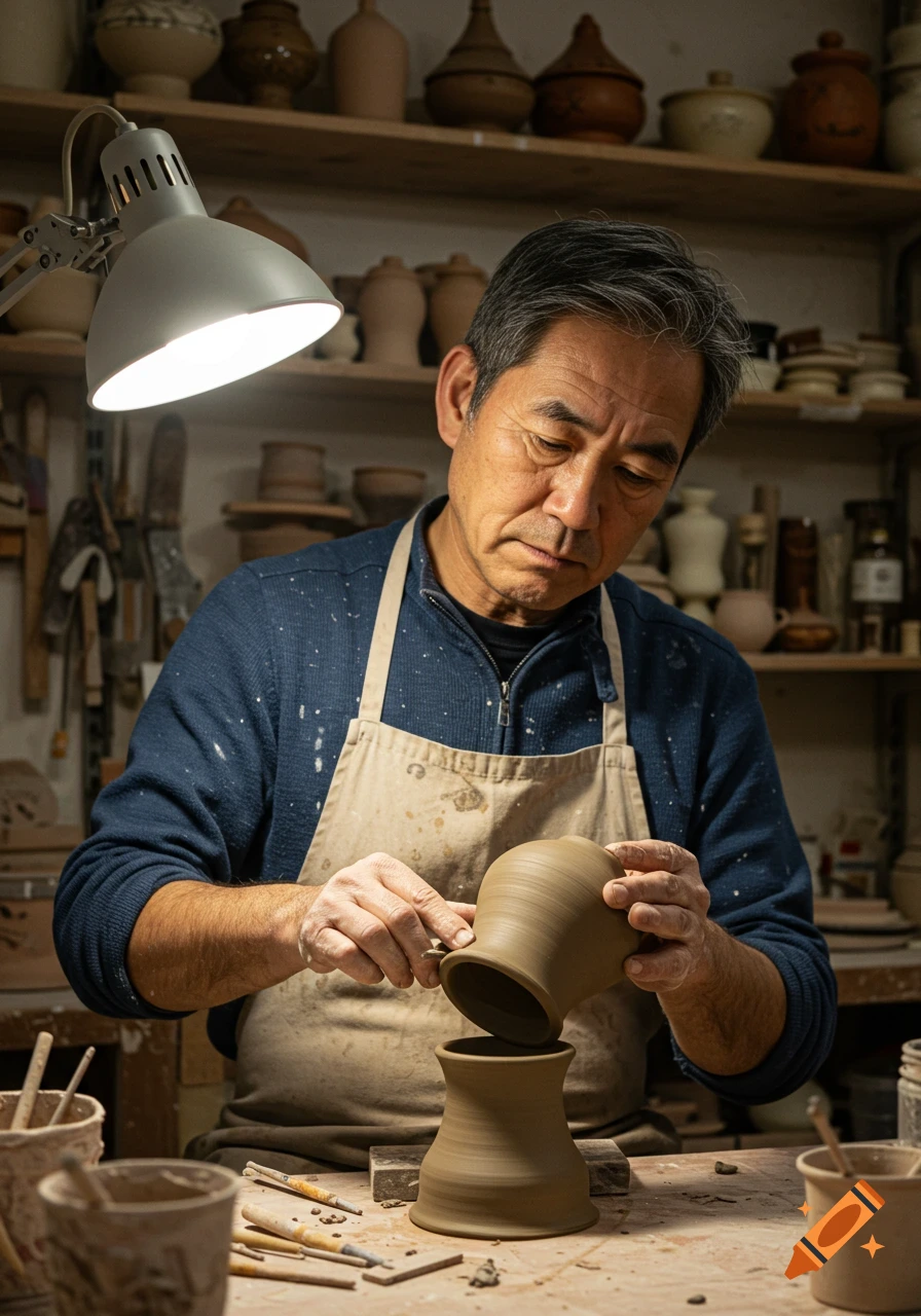 A photorealistic image of an older man in an apron shaping a clay pot in a pottery studio, surrounded by finished ceramics.