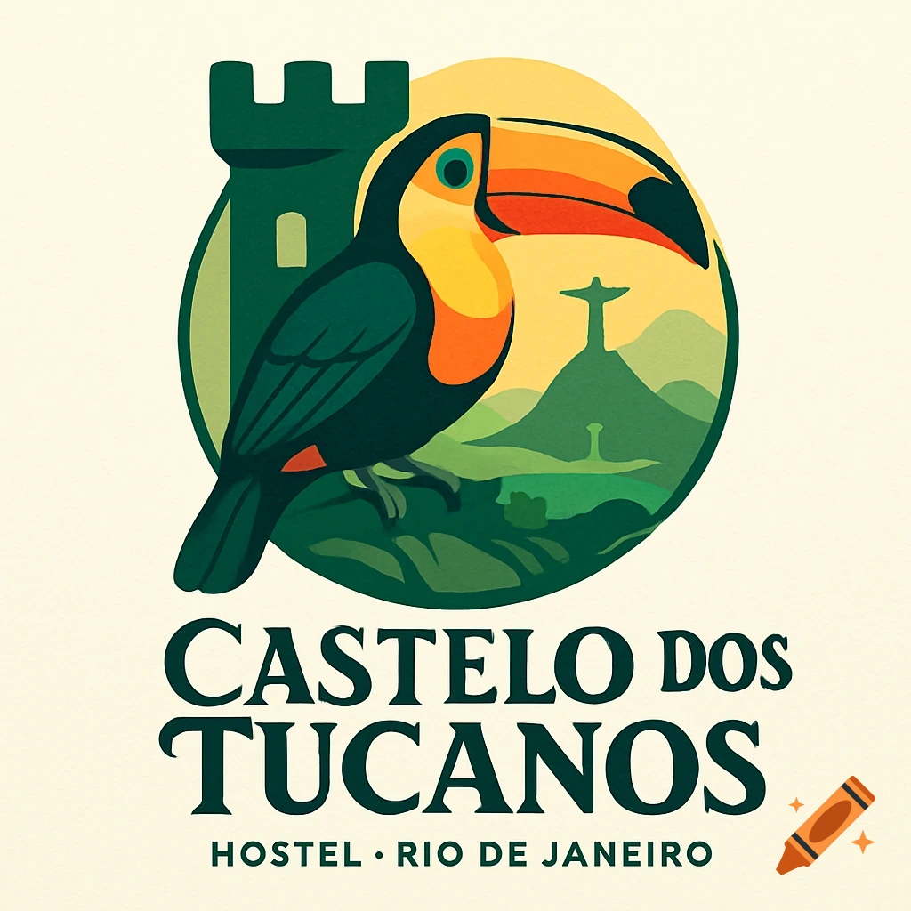 Stylized logo for Castelo dos Tucanos Hostel in Rio de Janeiro, featuring a toucan, a castle, and Christ the Redeemer.