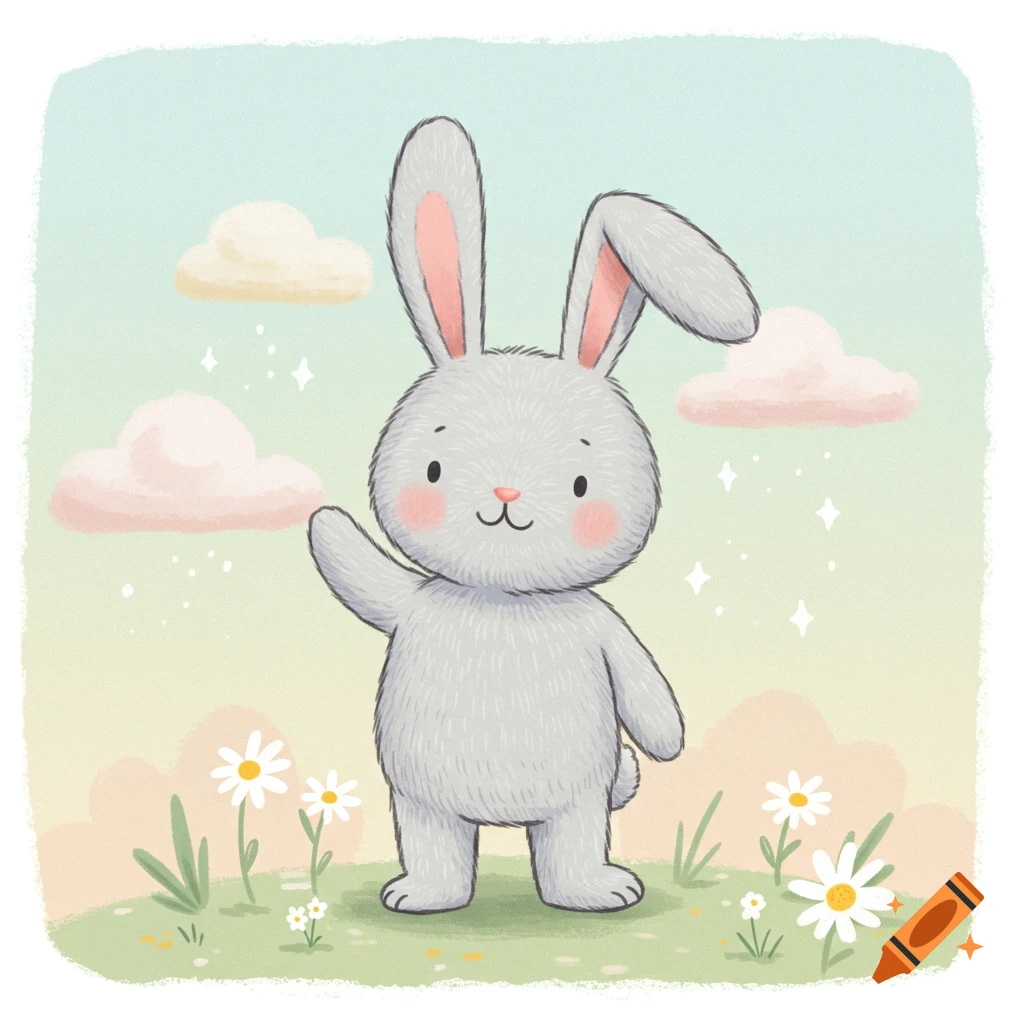 A cute light gray cartoon rabbit with a pink nose, big ears, smiling and waving in a pastel field with daisies and clouds.