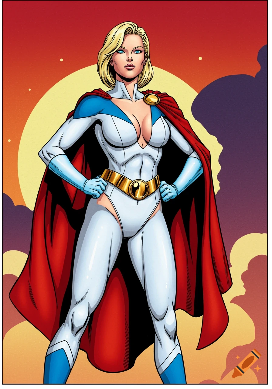 A confident female superhero in a white bodysuit, red cape, and gold belt stands with hands on hips against a stylized red and yellow sky.