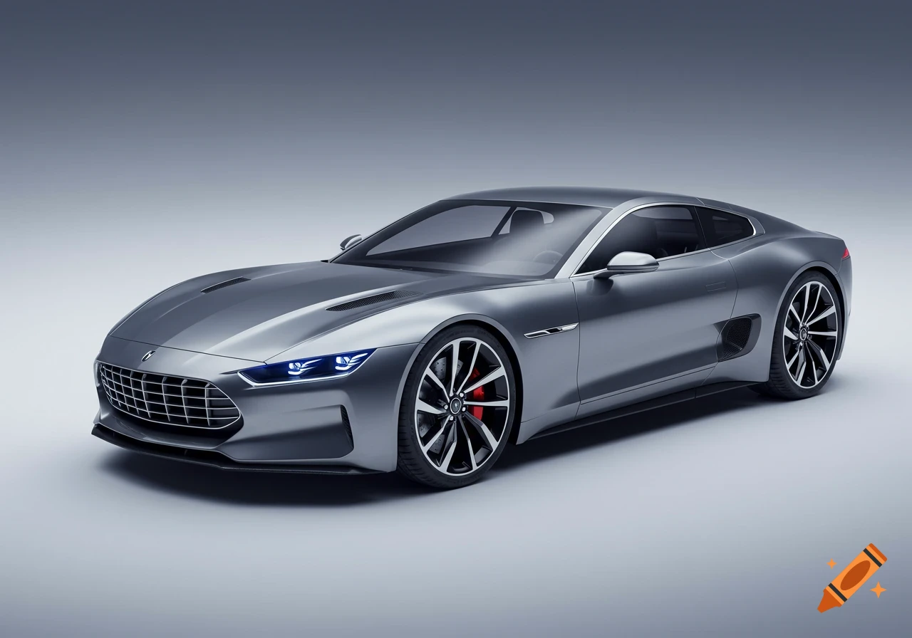 A sleek, modern silver-grey sports car with glowing blue headlights in a studio setting.