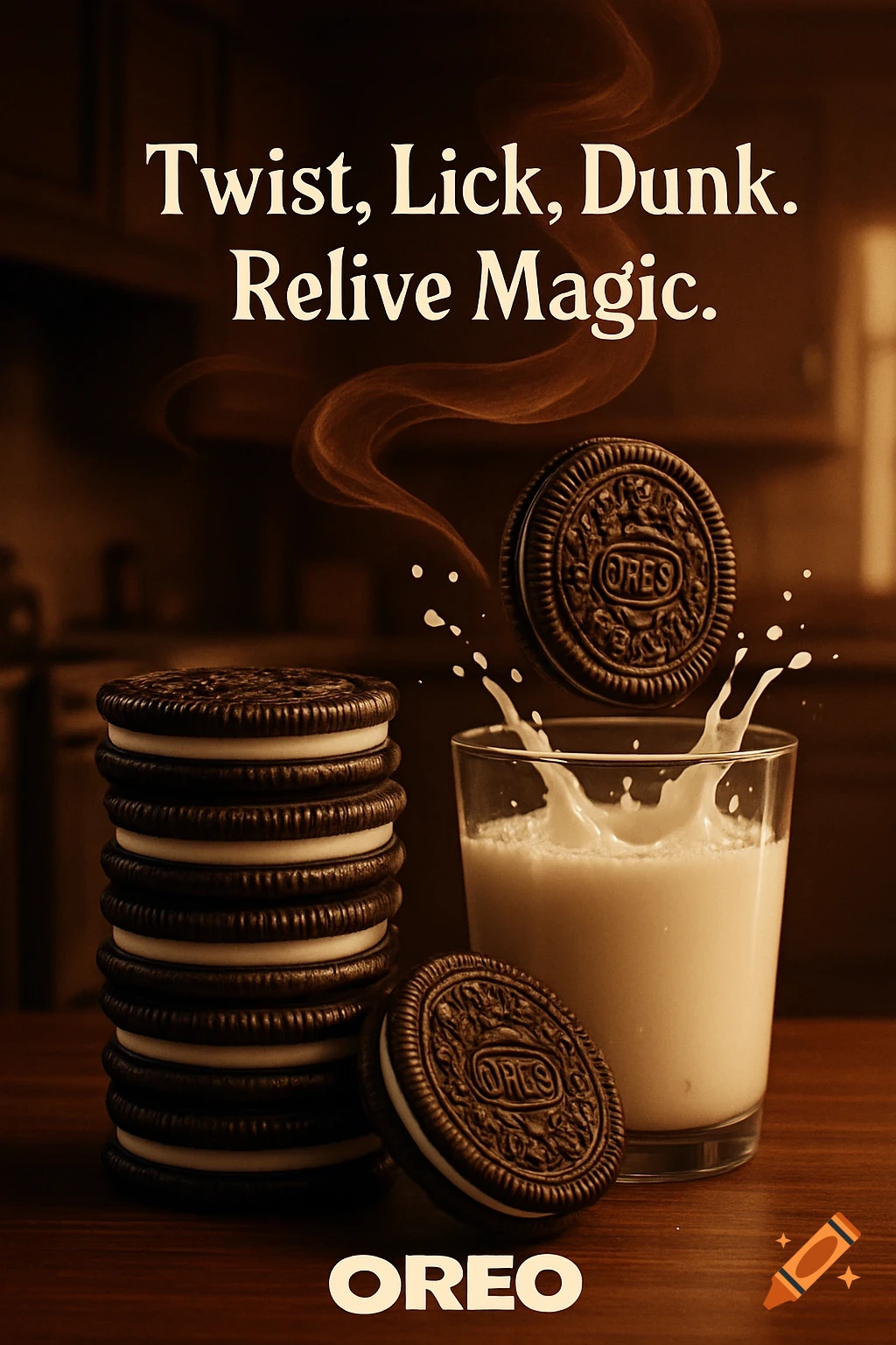 Photorealistic ad for Oreos. A stack of cookies, a glass of milk with a cookie dropping in causing a splash. Slogan: 'Twist, Lick, Dunk. Relive Magic.' and 'OREO' visible.