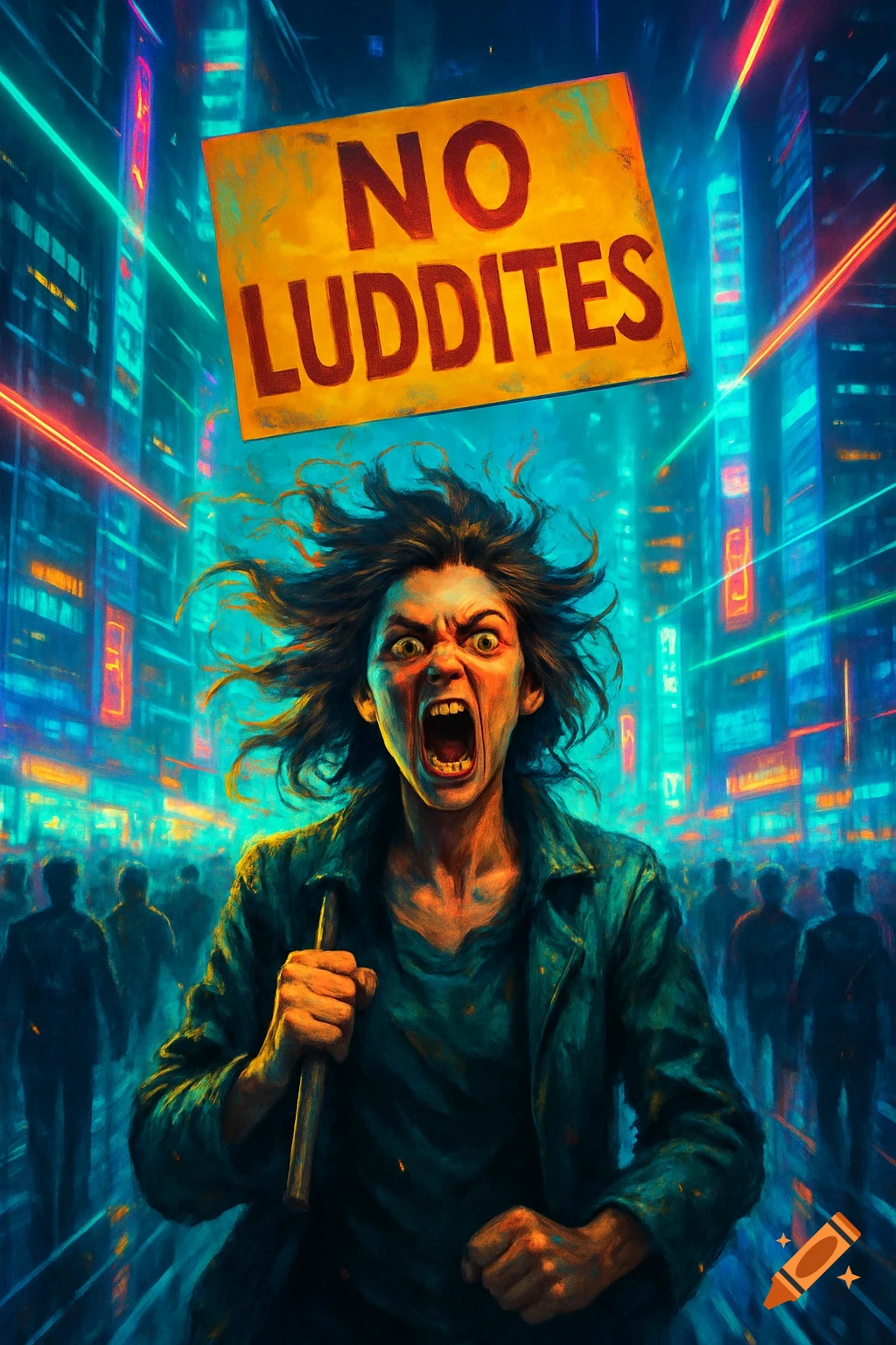 An enraged person holding a 'NO LUDDITES' sign in a vibrant, neon-lit cyberpunk city, with blurred figures in the background.