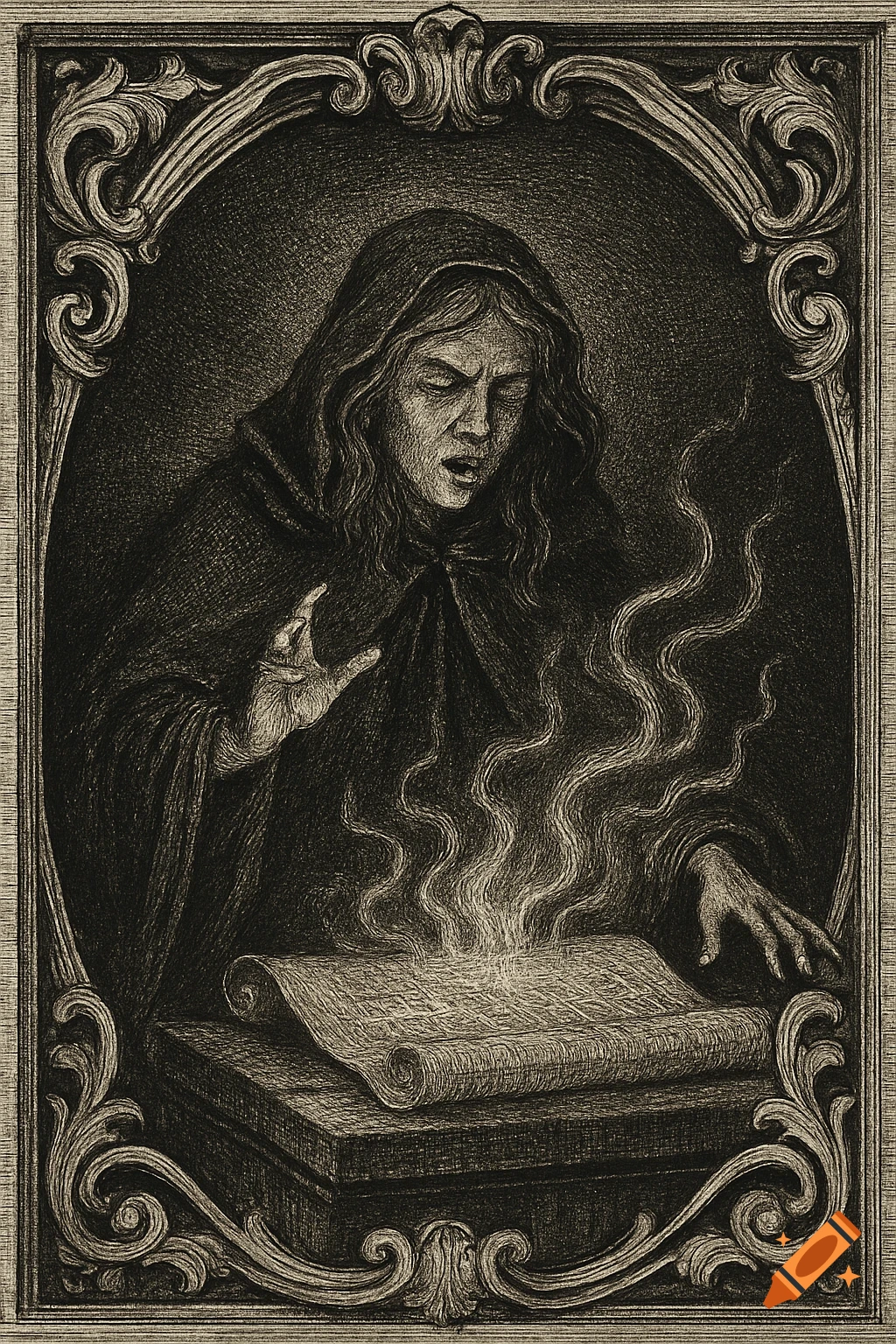 A witch in a hooded cloak chants over a glowing ancient scroll on a box, surrounded by swirling magic, in a baroque engraving style.