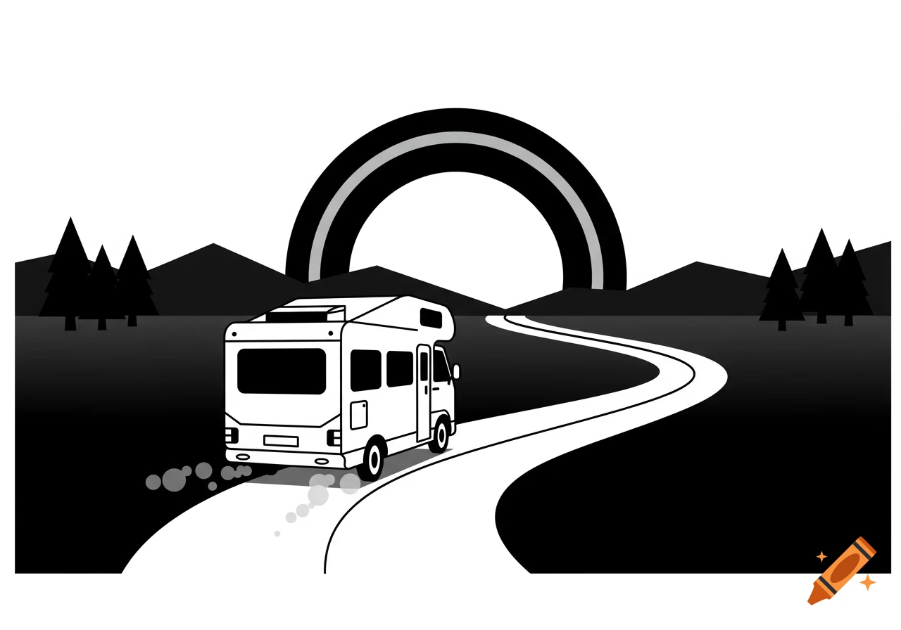 Black and white line drawing of a camper van driving on a winding road towards mountains and a stylized sun.