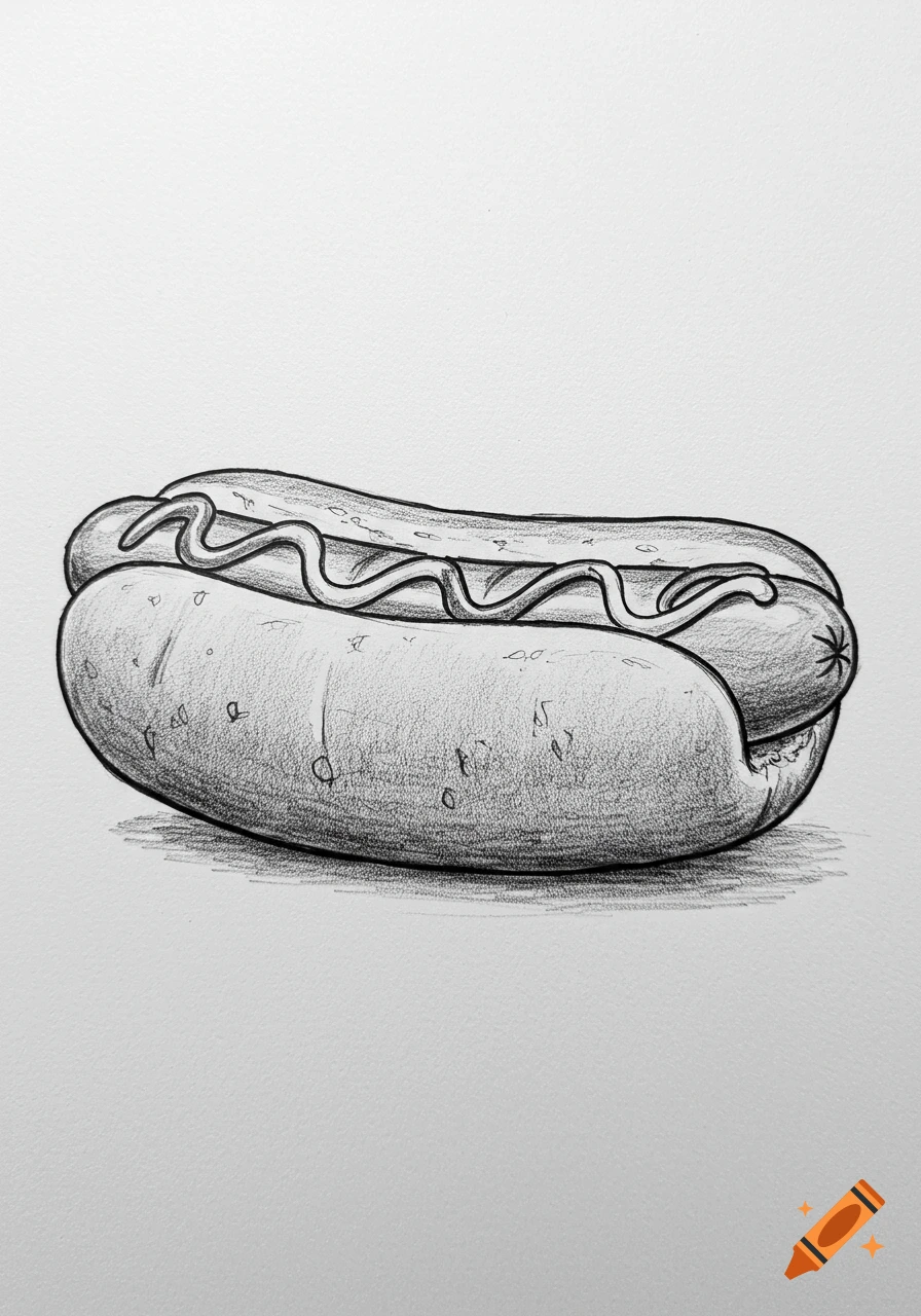 A monochrome pencil sketch of a hotdog with mustard on a bun.