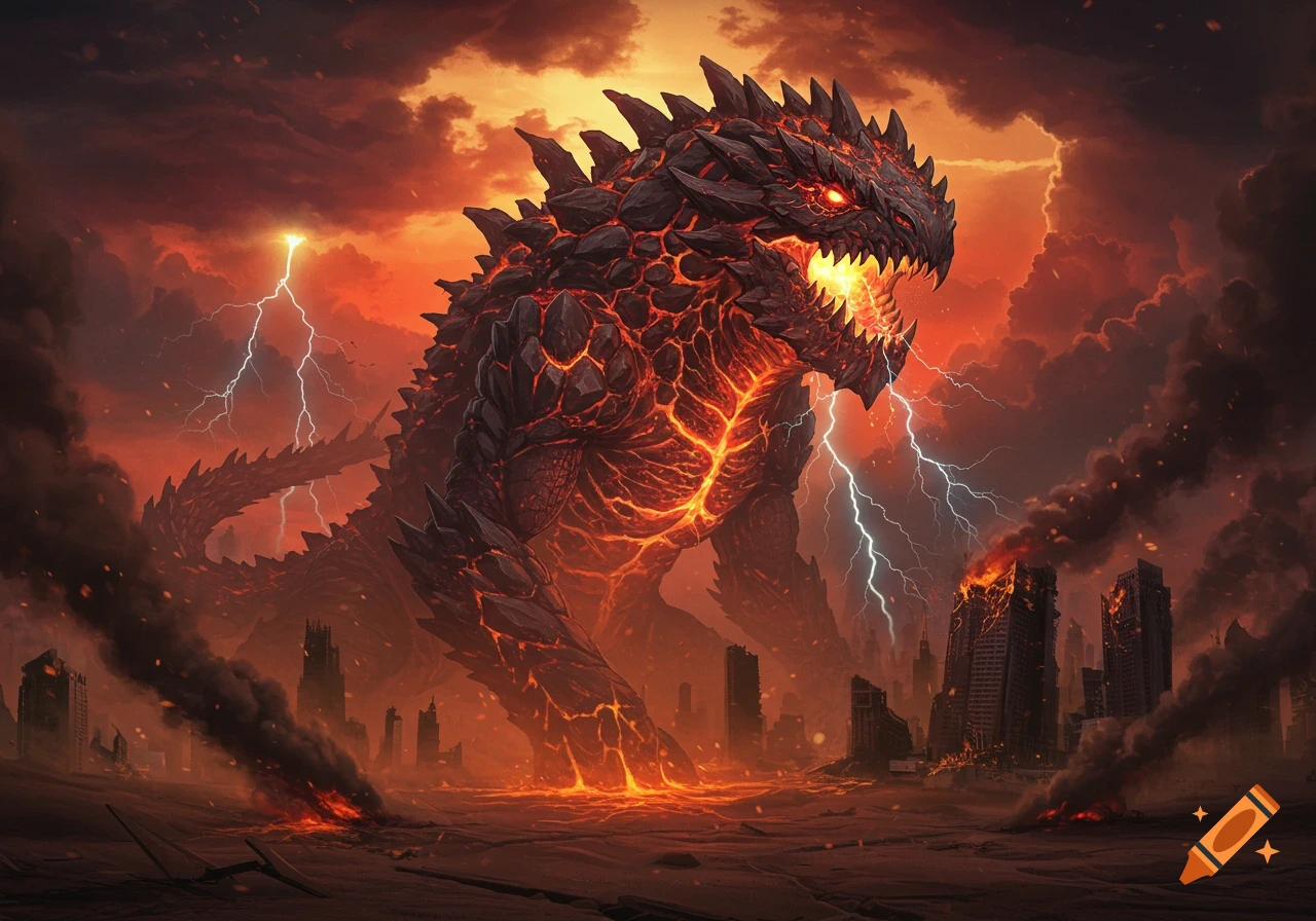 A colossal lava monster roars in a destroyed city under a fiery, lightning-filled apocalyptic sky, dark fantasy illustration.