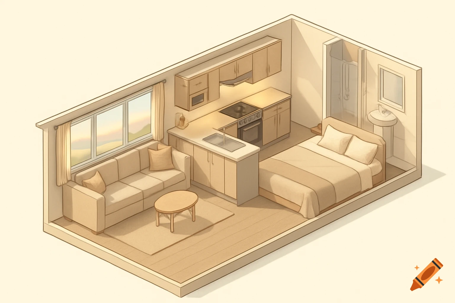 Isometric view of a beige-toned compact apartment layout with a living room, kitchen, bedroom, and bathroom.