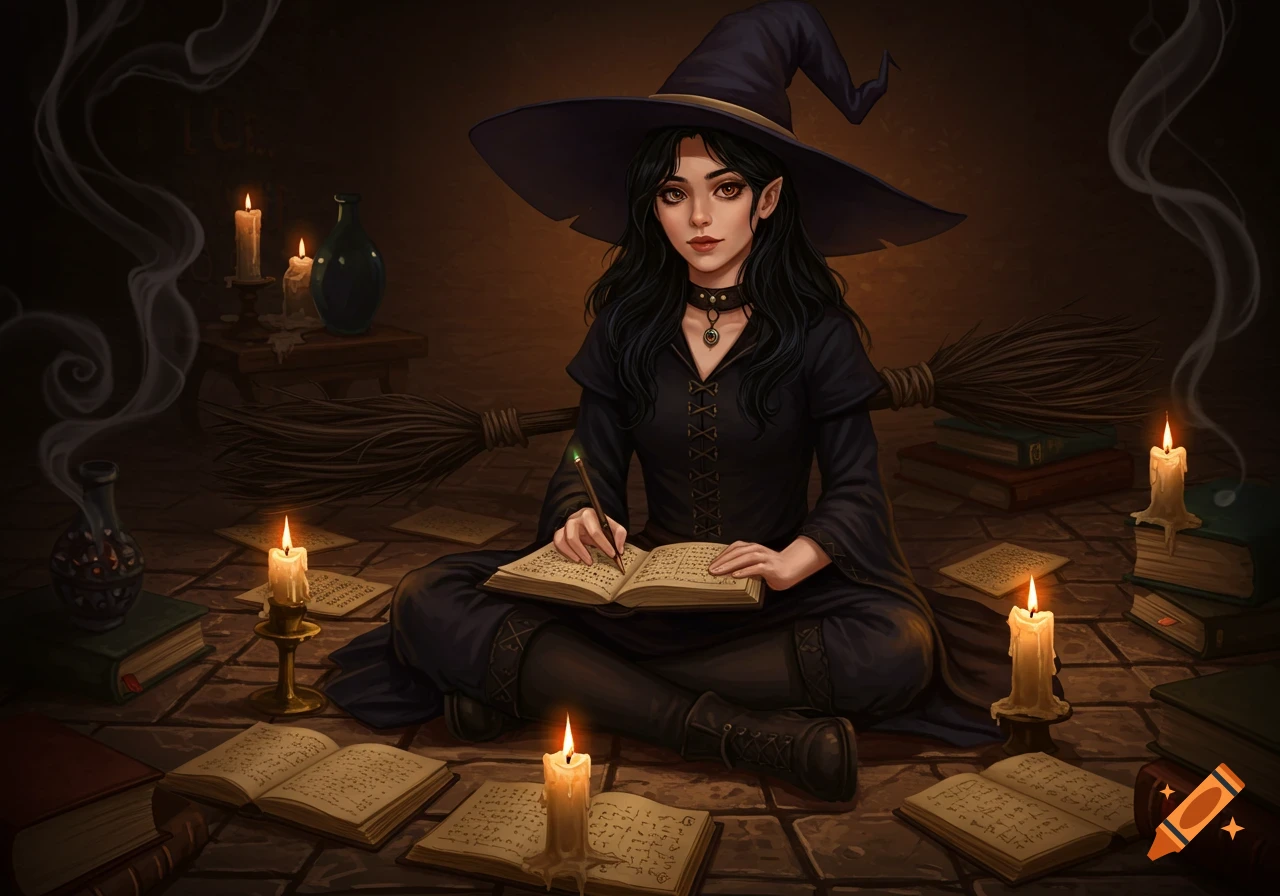 A young witch with dark hair and a wide-brimmed hat sits cross-legged, writing in a book surrounded by candles and open spellbooks.