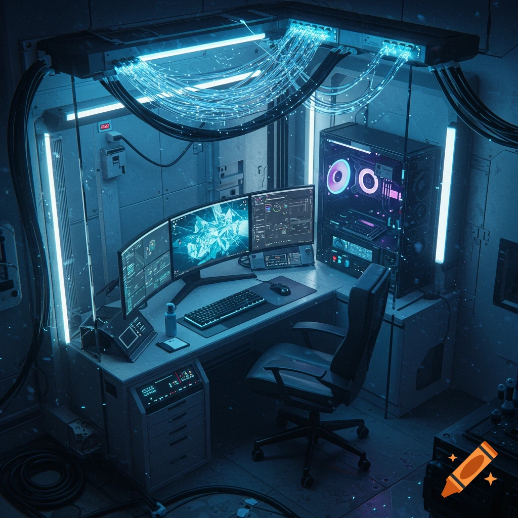 A futuristic glowing computer setup with multiple monitors displaying data, a gaming PC, and neon blue lights in a cyberpunk-style room.