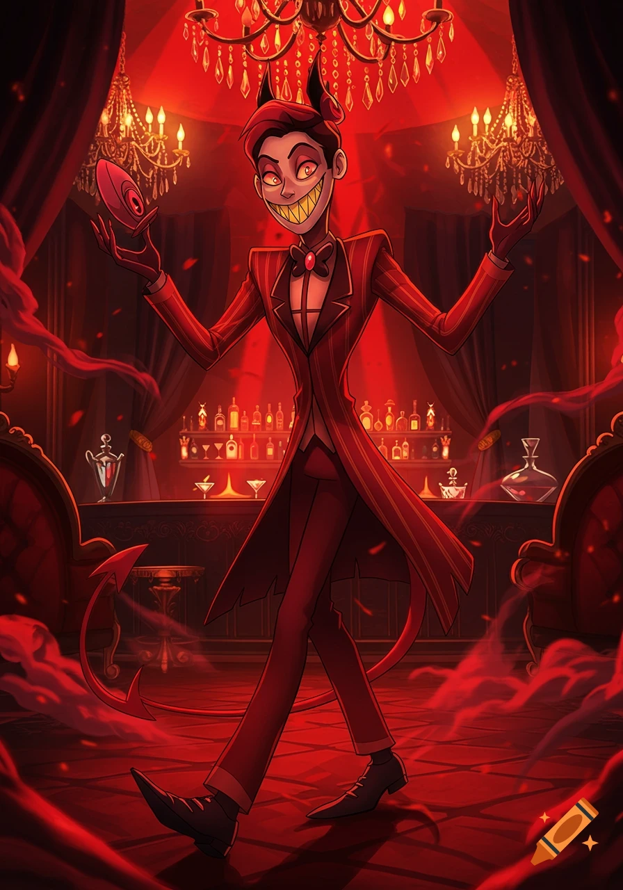 Anime-style Lucifer from Hazbin Hotel, with horns, fangs, and a tail, in a red pinstriped suit in an opulent bar.